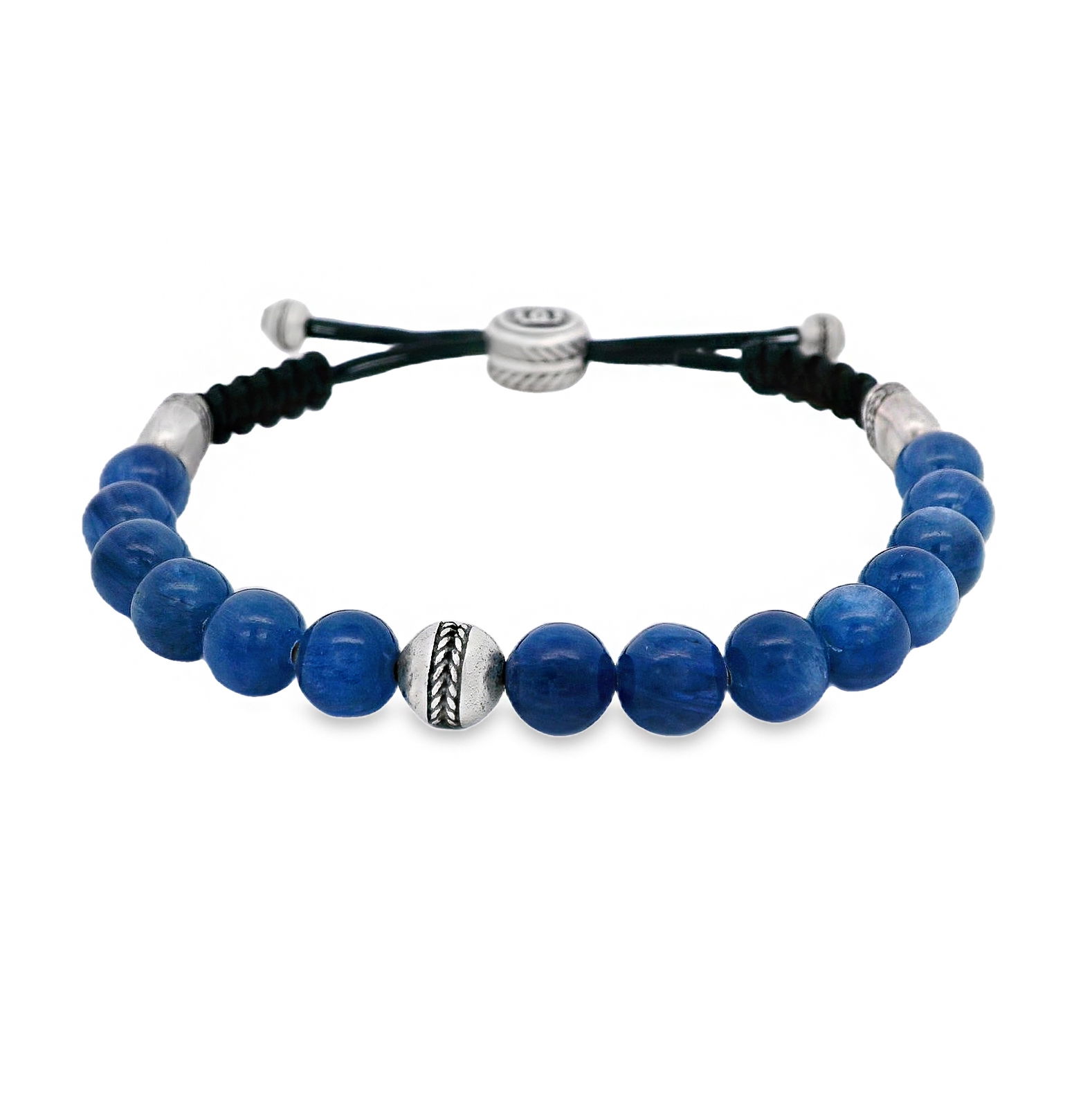 This sterling silver bracelet showcases kyanite beads and an adjustable cord for a comfortable, custom fit. Its effortless style makes it perfect for wearing solo or stacking with other pieces.-Sterling silver-Kyanite beads-8mm beads-Adjustable cord, length 6.5-10"Item# 800-2000065 Kyanite Beaded Bracelet