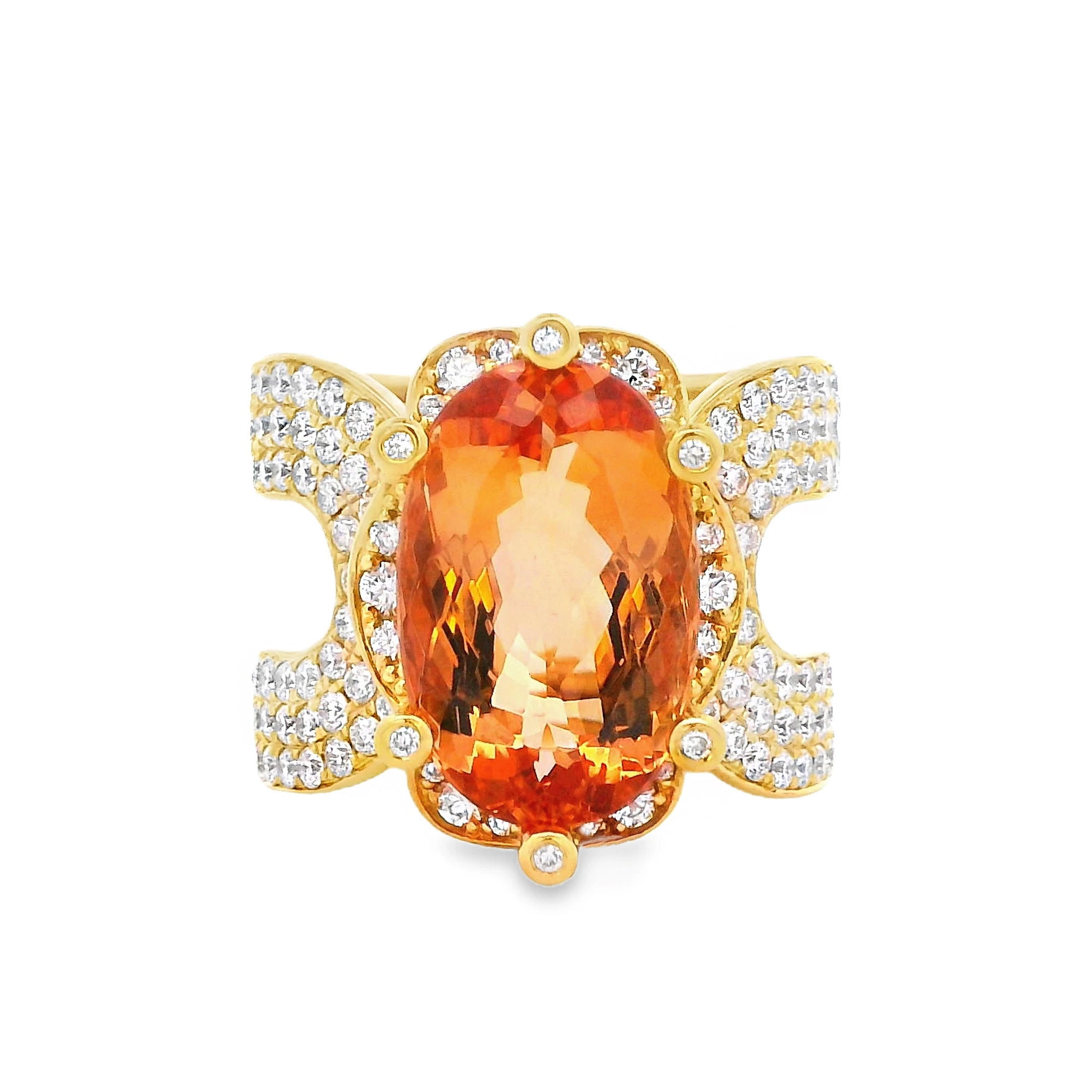 This yellow gold ring showcases a glowing imperial topaz accented by shimmering diamonds. Its versatile design makes it the perfect companion for both day and evening looks.-18k Yellow gold14k Yellow gold-Imperial topaz, 8.46cts-Diamonds, 1.48cts-Size 7Item# ND-Ring-00020 Eternal Sunshine Ring