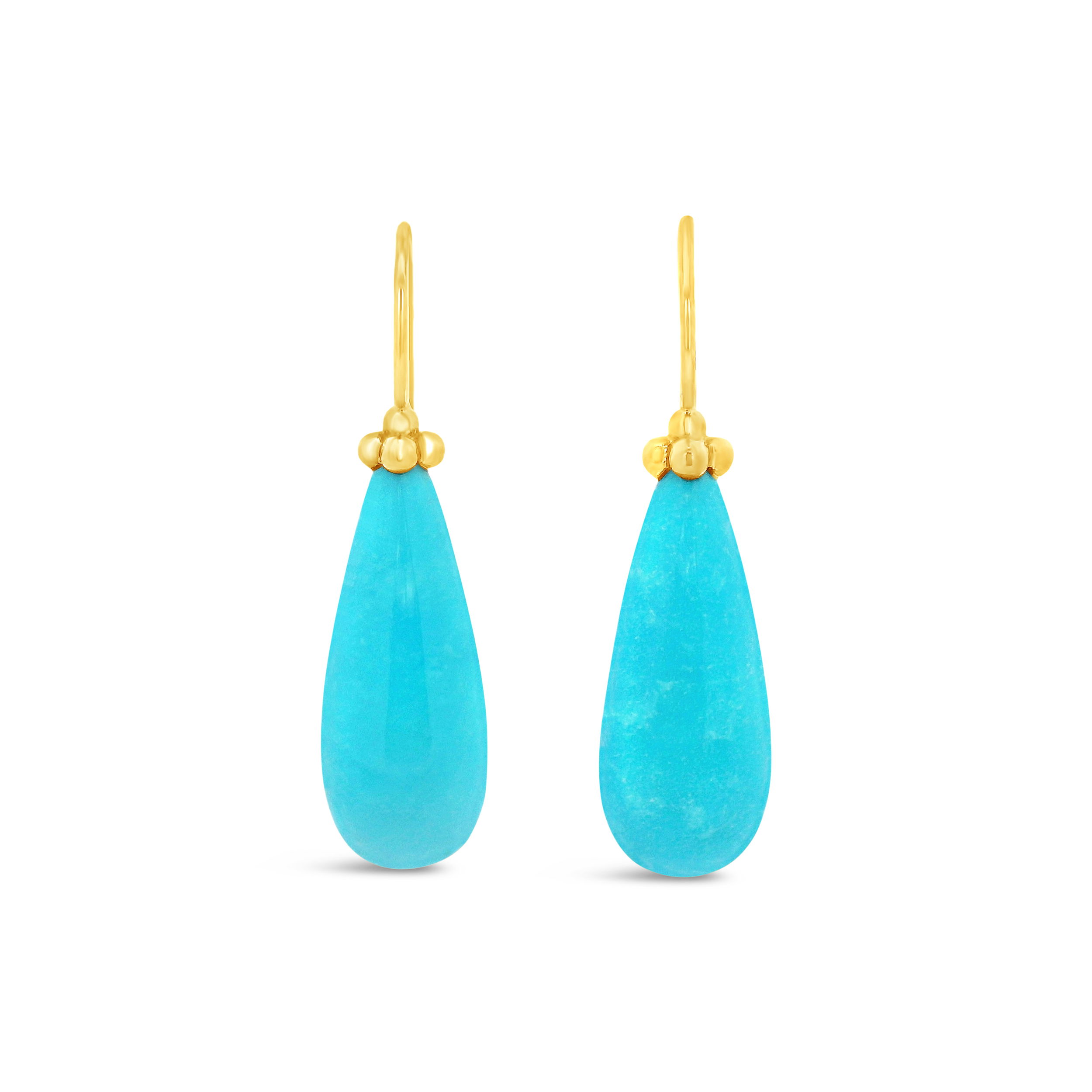 These turquoise drop earrings in 18k yellow gold add a bright pop of color. Perfect for both everyday wear and special occasions.-18k Yellow gold-Turquoise DropsItem# ND-EAR-00020 Turquoise Drop Earrings