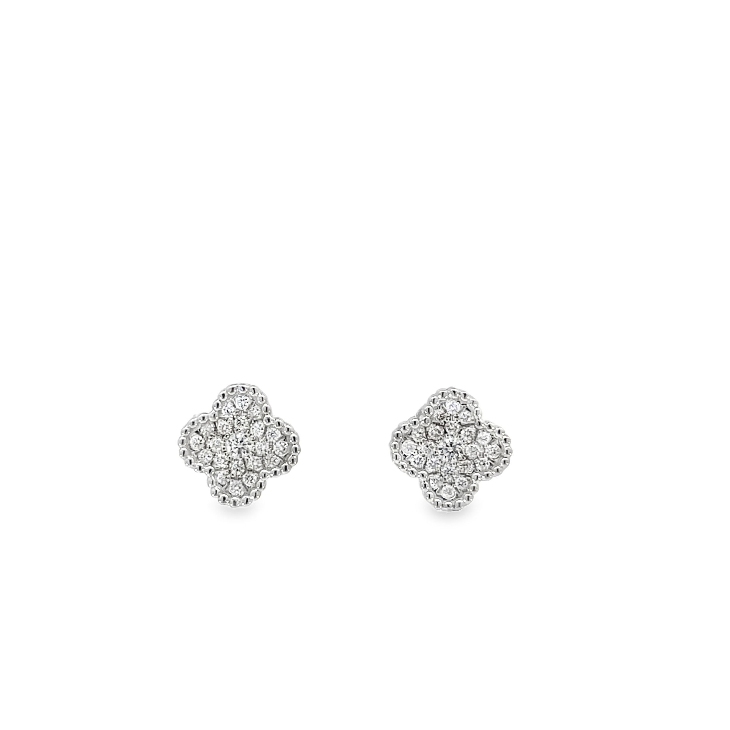 Inspired by classic design, these quatrefoil diamond studs bring timeless elegance to your everyday style. Each stud features a delicate four-lobed silhouette, accented with sparkling diamonds for a refined touch of brilliance. Perfect on their own or layered with other earrings for a sophisticated statement.-14K White gold-Round diamonds, 0.30ctsItem# 150-2000076 Quatrefoil Stud Earrings