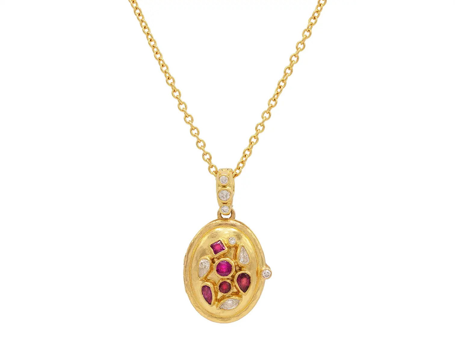 This one-of-a-kind locket necklace in 18k yellow gold features a radiant ruby and a sparkling diamond. A meaningful piece to cherish, it stands out on its own or layers beautifully for a personal touch.-18k Yellow gold-Rubies, 0.37cts-Diamonds, 0.30cts-Length 16-18"Item# 807-2000287 One of a Kind Locket Necklace