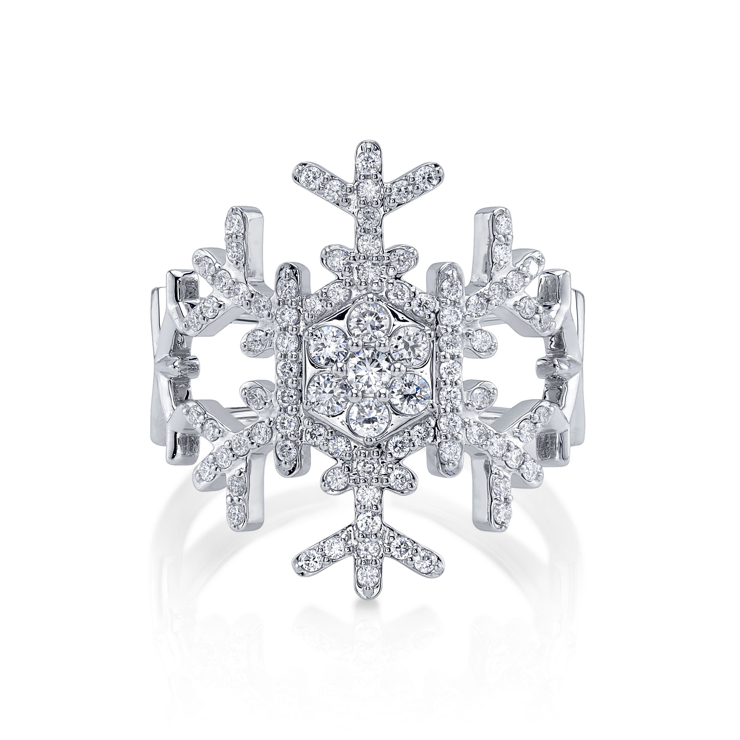 Enjoy the magic of a winter wonderland all year round with an exclusive snowflake ring designed by Valerie Naifeh.-Sterling silver-Lab grown diamond, 0.56cts-Size 5.5Item# SF-ELL2478-925LD Snowflake Ring in Sterling Silver