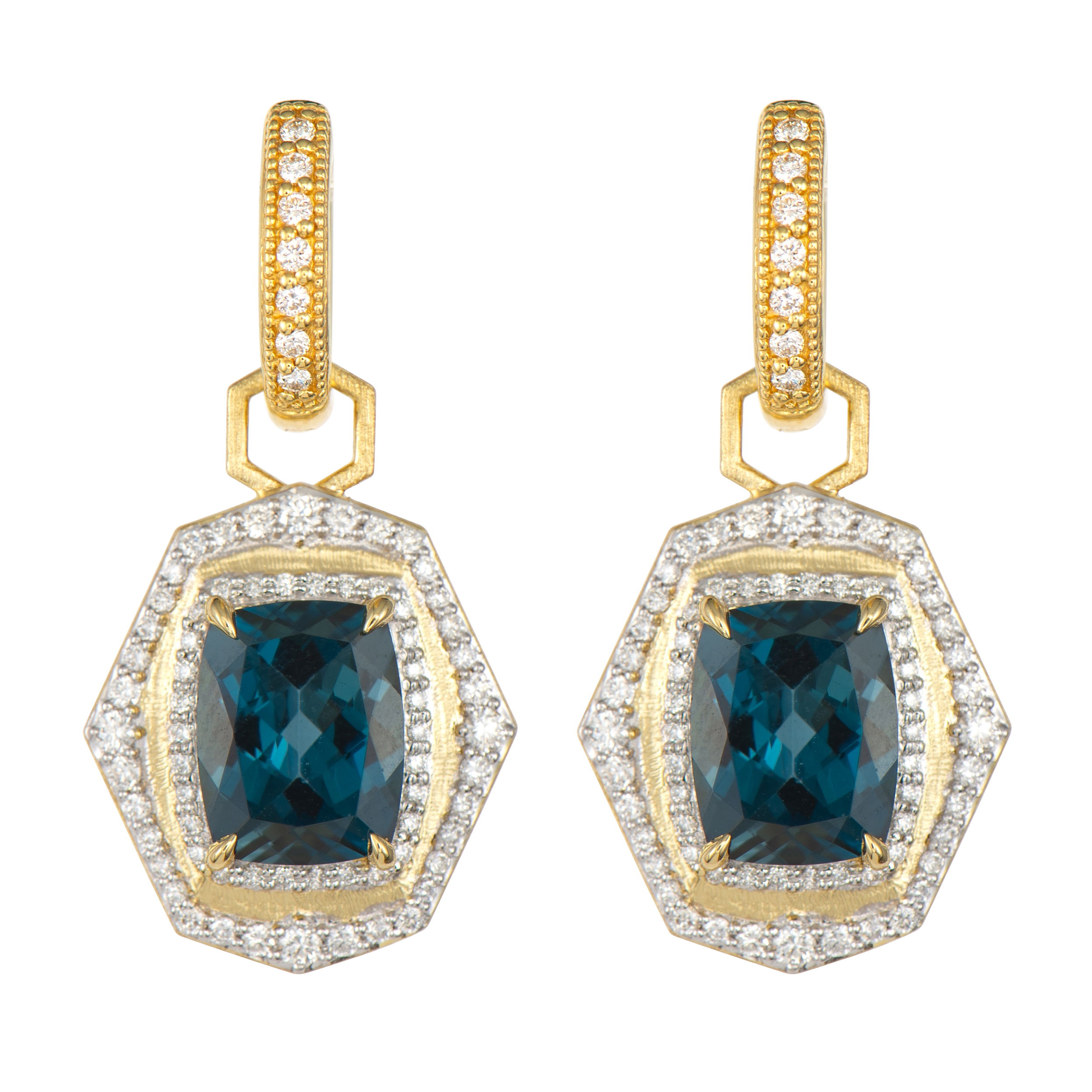 Combining classic elegance with on trend shapes and styles, JFJ offers something for women of all ages. These charms feature stunning London blue topaz stones, beautifully surrounded by sparkling diamonds. Their elegant design adds a touch of sophistication and vibrant color to any jewelry collection. Hoops and charms sold separately. -18k Yellow gold-London blue topaz, 2.58cts-Round white diamonds, 0.33ctsItem# 809-2000076 London Blue Topaz And Diamond Charms