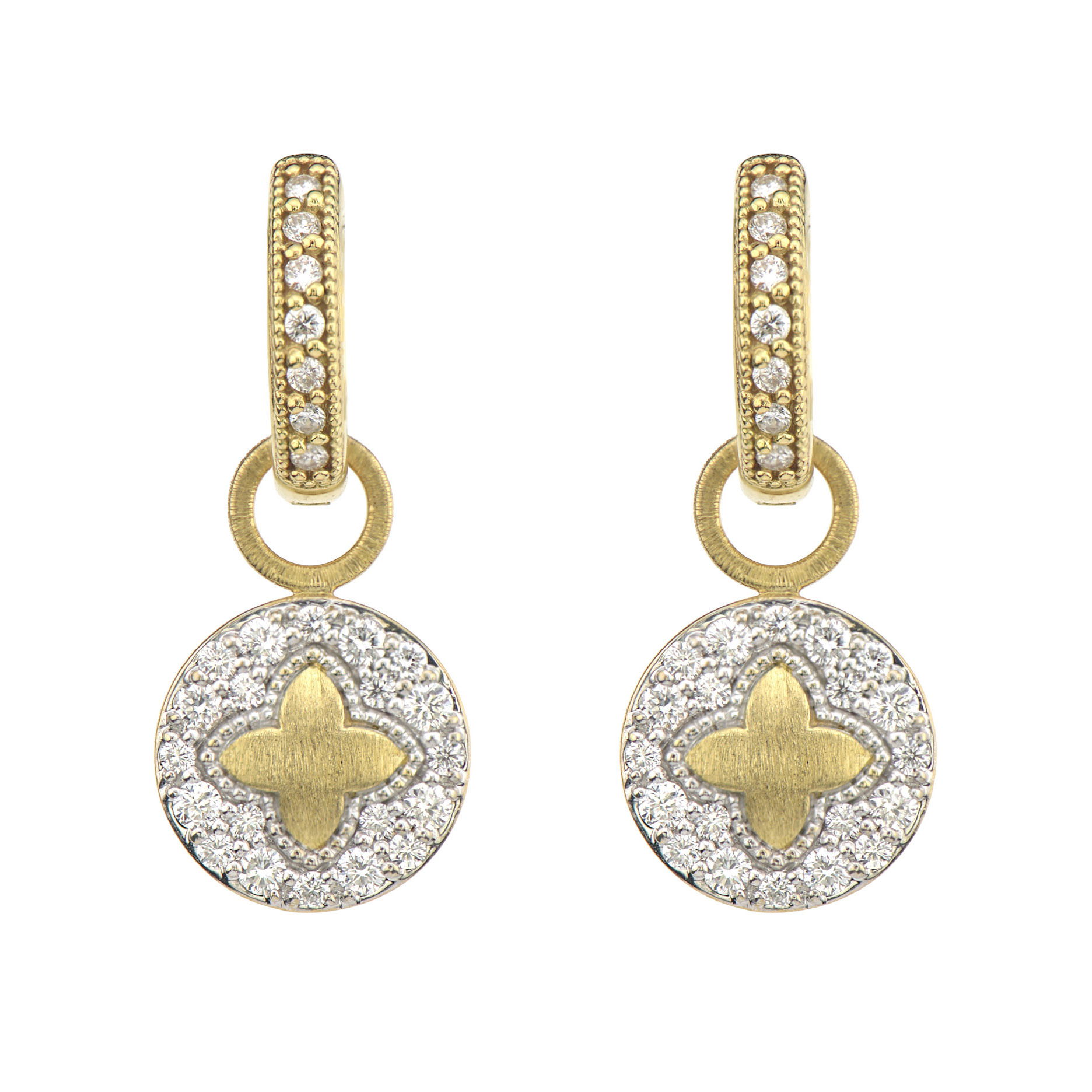 Combining classic elegance with on trend shapes and styles, JFJ offers something for women of all ages. These charms are elegantly adorned with pave-set diamonds, creating a radiant sparkle that enhances any jewelry piece. Perfect for adding a touch of timeless glamour to your collection. Hoops and charms sold separately.-18k Yellow gold-Round white diamonds, 0.43ctsItem# 809-2000078 Round Pave Quatrefoil Charms