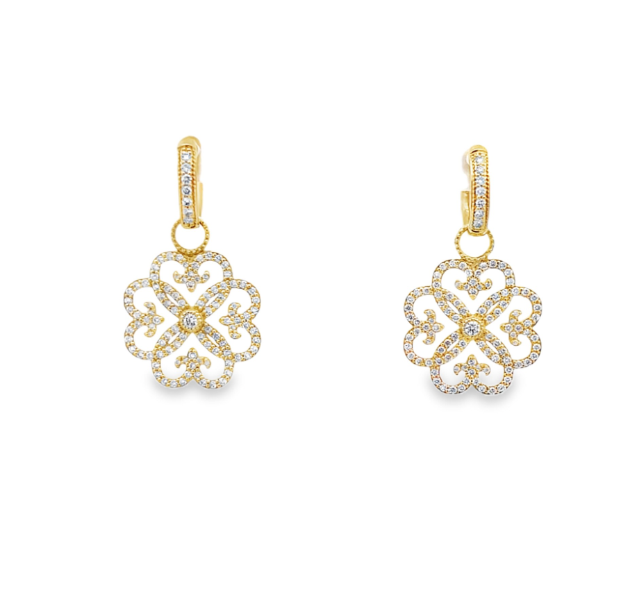 Combining classic elegance with on trend shapes and styles, JFJ offers something for women of all ages. These earring charms are the perfect addition to any JFJ hoops, giving you the ability to create a piece that is uniquely yours. Hoops and charms sold separately.-18k Yellow gold-Round white diamondsItem# 809-2000079 Pave Heart Fleur Earring Charms