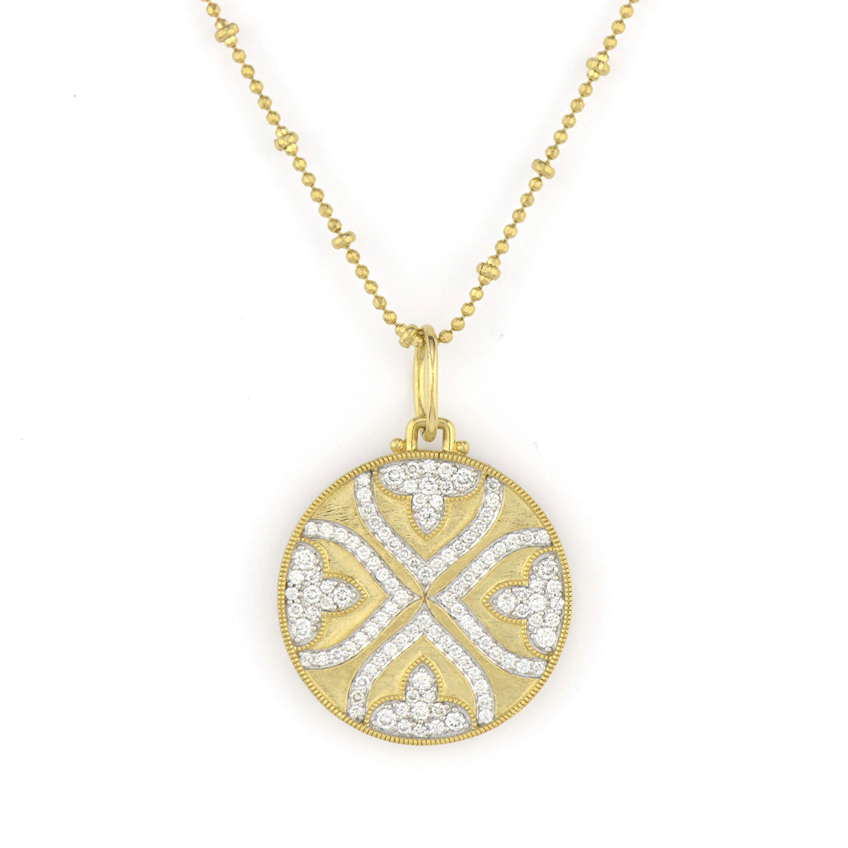 Combining classic elegance with on trend shapes and styles, JFJ offers something for women of all ages. This pendant features delicate diamond detailing, adding a touch of sparkle to its timeless design. Perfect for layering or wearing alone, it exudes effortless elegance.-18k Yellow gold-Round white diamonds, 1.01ctsItem# 806-2000152 Large Moroccan Pave Quatrefoil Disc Pendant
