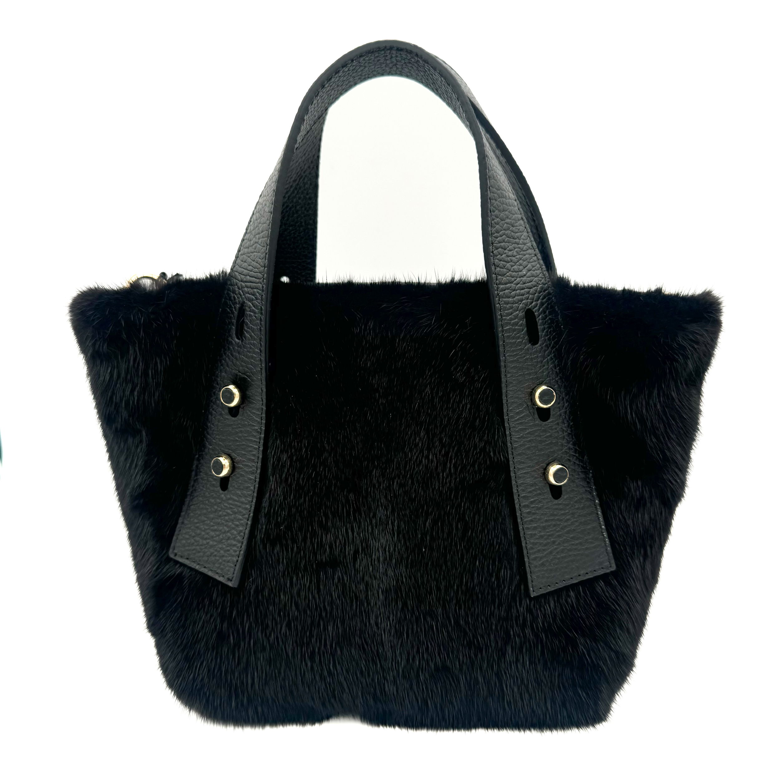 Valerie Naifeh’s line of leather goods features handcrafted handbags and accessories made in Greece from genuine cervo calf leather and natural mink or fox fur. Each piece combines luxurious materials with Valerie’s personally curated color palette for a distinct and elevated look.-Leather-Mink fur-Color: BlackItem# ND-FUR-00008 Ellie - Leather & Mink