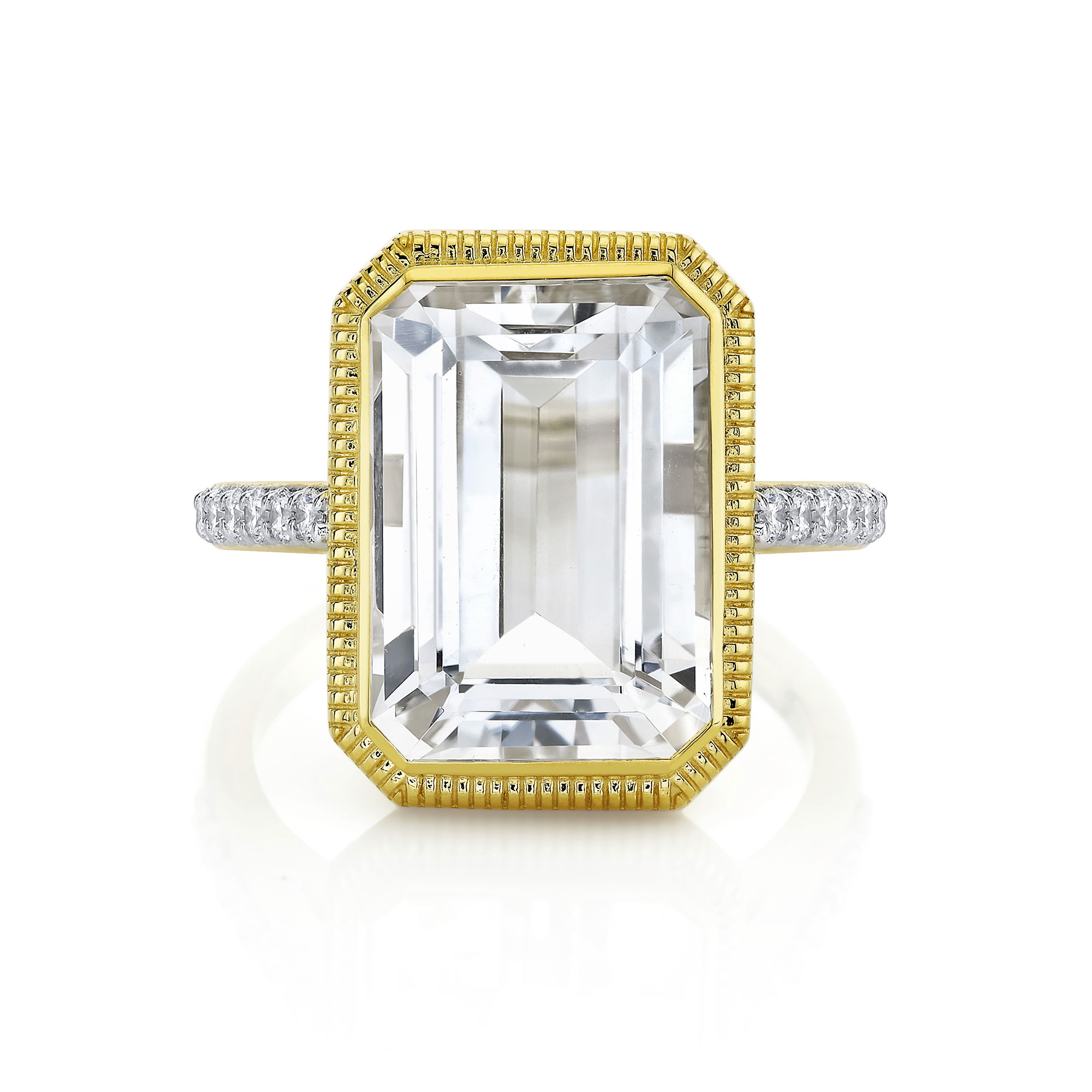 Exhibiting the breathtaking emerald cut of a white topaz stone, this ring allows itself to be the statement piece you deserve.-18k Yellow gold-White topaz, 9.5cts-Round diamonds, 0.23ctsItem# 804-2000247 White Emerald Cut Topaz Ring