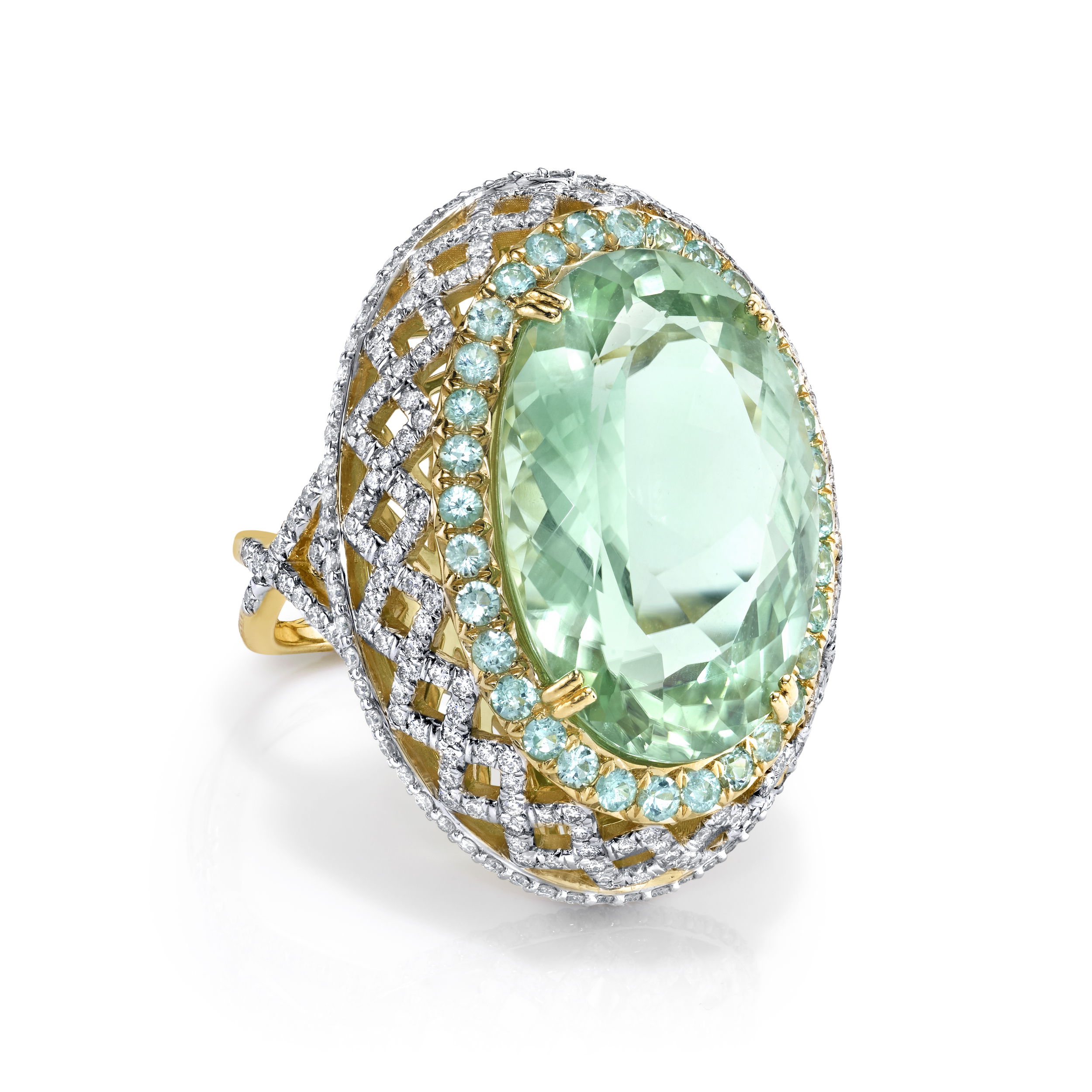 With a regal and unique design, this ring is sure to turn heads as the perfect statement piece to add to any collection. -18k Yellow gold-Paraiba tourmaline, 0.63cts-Green tourmaline, 14.93cts-Round diamonds, 0.61ctsItem# 804-2000249 Green Tourmaline Ring