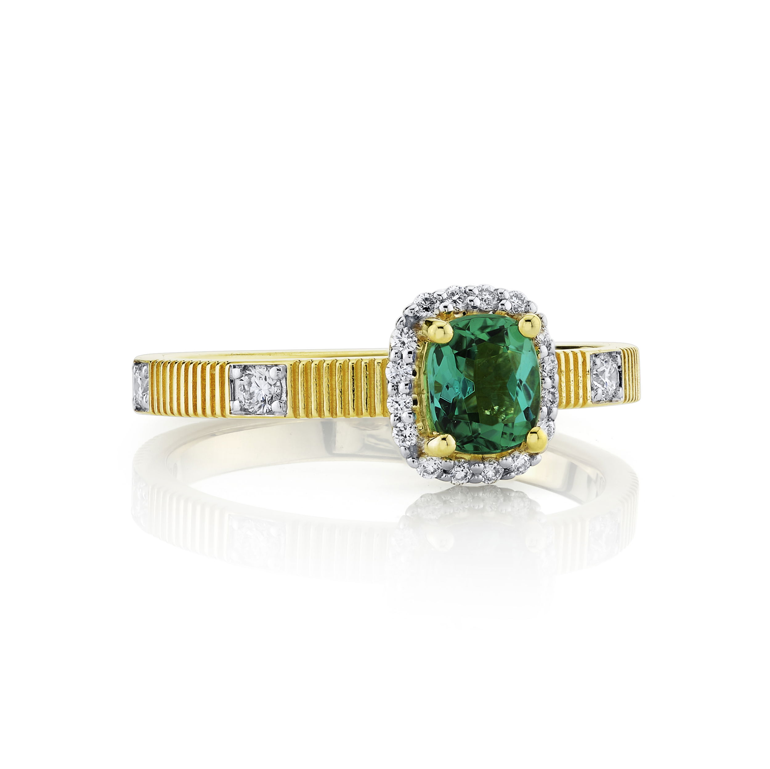 This piece compliments any ring stack or jewelry set already within your collection. With green tourmaline and a finishing touch of diamonds, this ring will match any style.-18k Yellow gold-Blue-green tourmaline, 0.55cts-Round diamonds, 0.24ctsItem# 804-2000250 Blue-Green Tourmaline Band