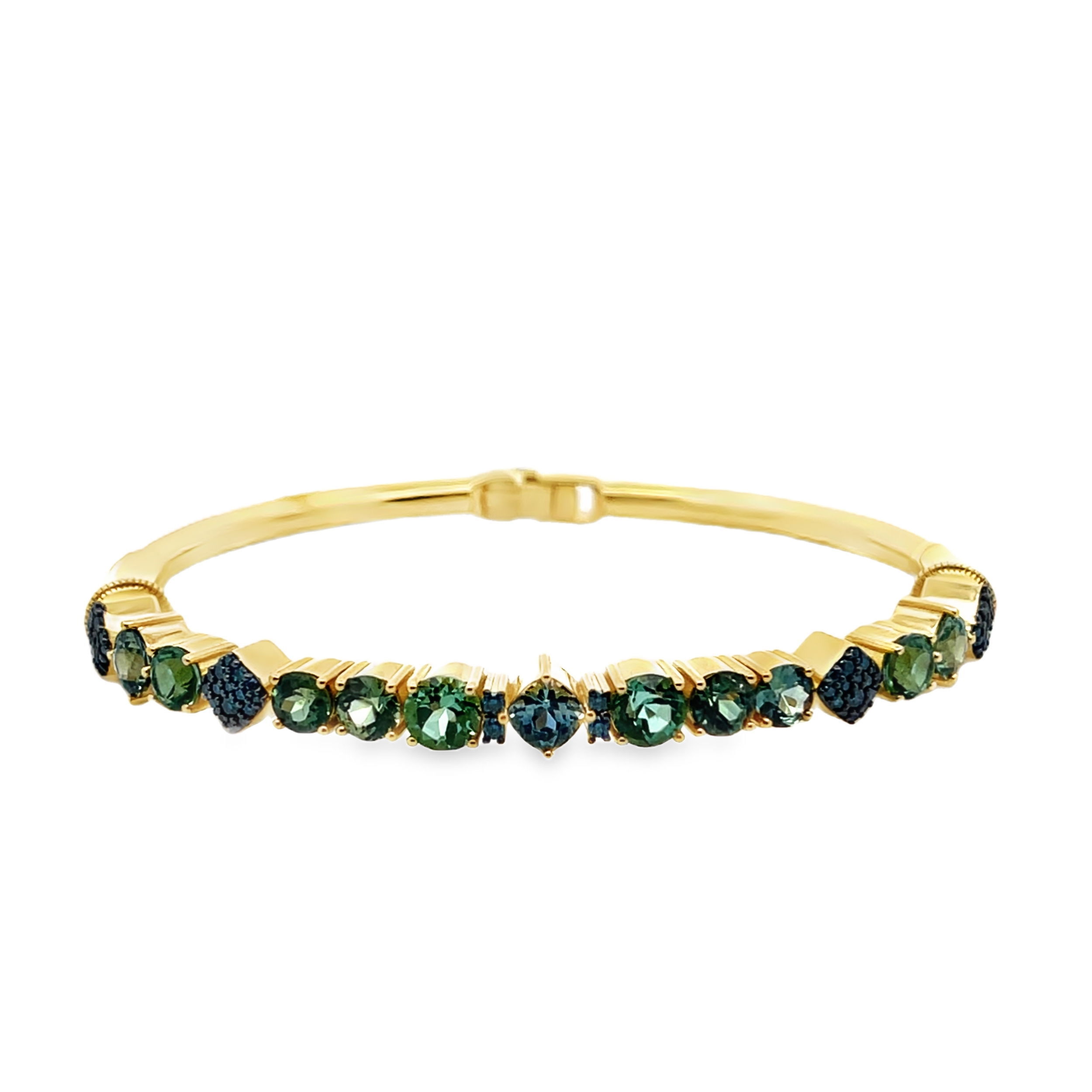 Featuring colored sapphires and diamonds, this bracelet is a beautiful statement piece to complete any look.-18k Yellow gold-Blue-green sapphires, 5.27cts-Blue diamonds, 0.396ctsItem# 808-2000257 Blue-Green Sapphire & Blue Diamond Bracelet