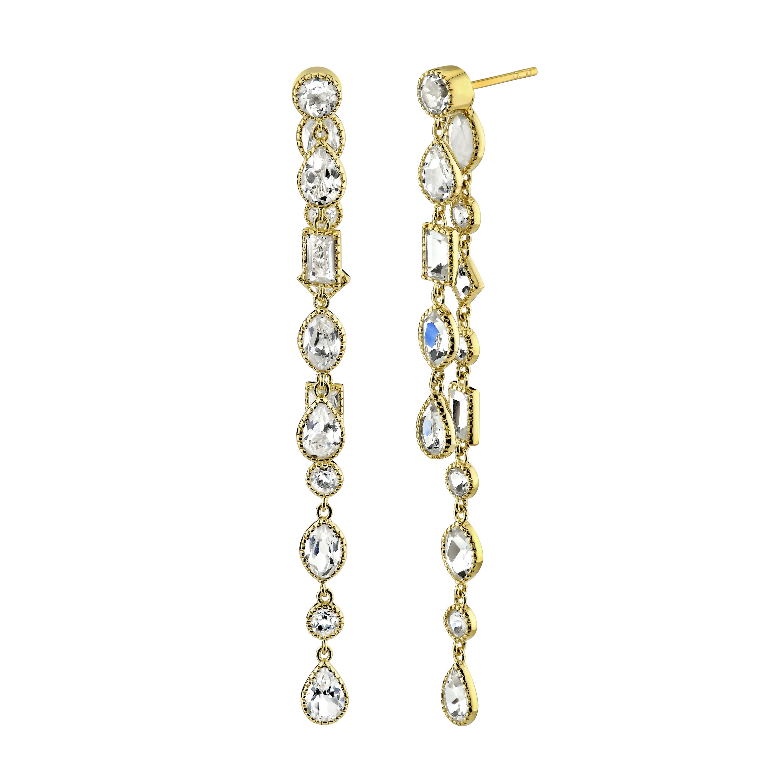 These dangle earrings will add a regal touch of elegance to any outfit or prior selected jewelry. With its different and multiple cuts of white topaz, this piece allows for versatility. -18k Yellow gold-White topaz, 9.16ctsItem# 805-2000426 Mixed Shape White Topaz Earrings