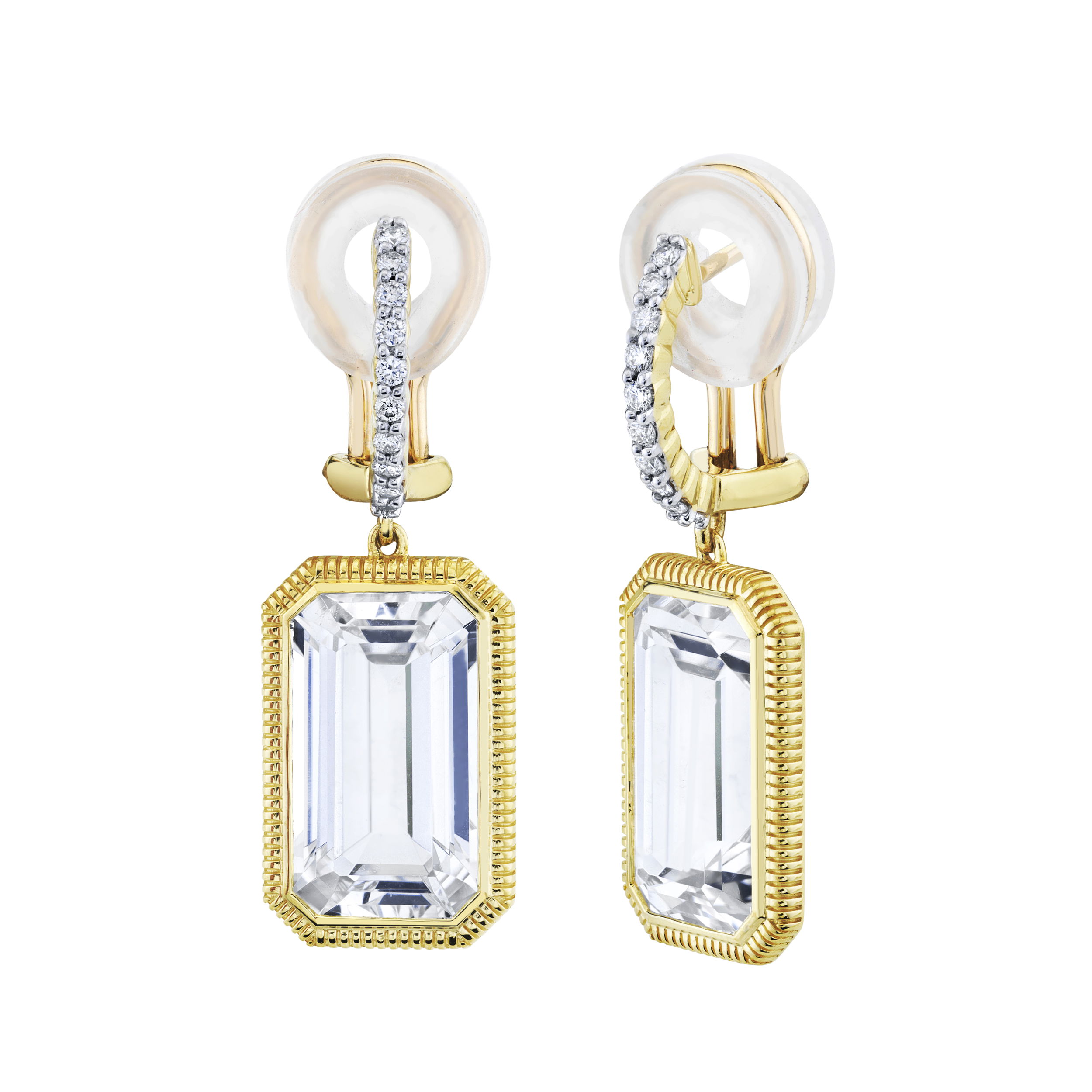 Showcasing a beautiful emerald cut, these white topaz earrings are a stunning addition to any collection and allow for ingenuity within your style.-18k Yellow gold-White topaz, 12.13cts-Round diamonds, 0.2ctsItem# 805-2000427 Emerald Cut White Topaz Earrings