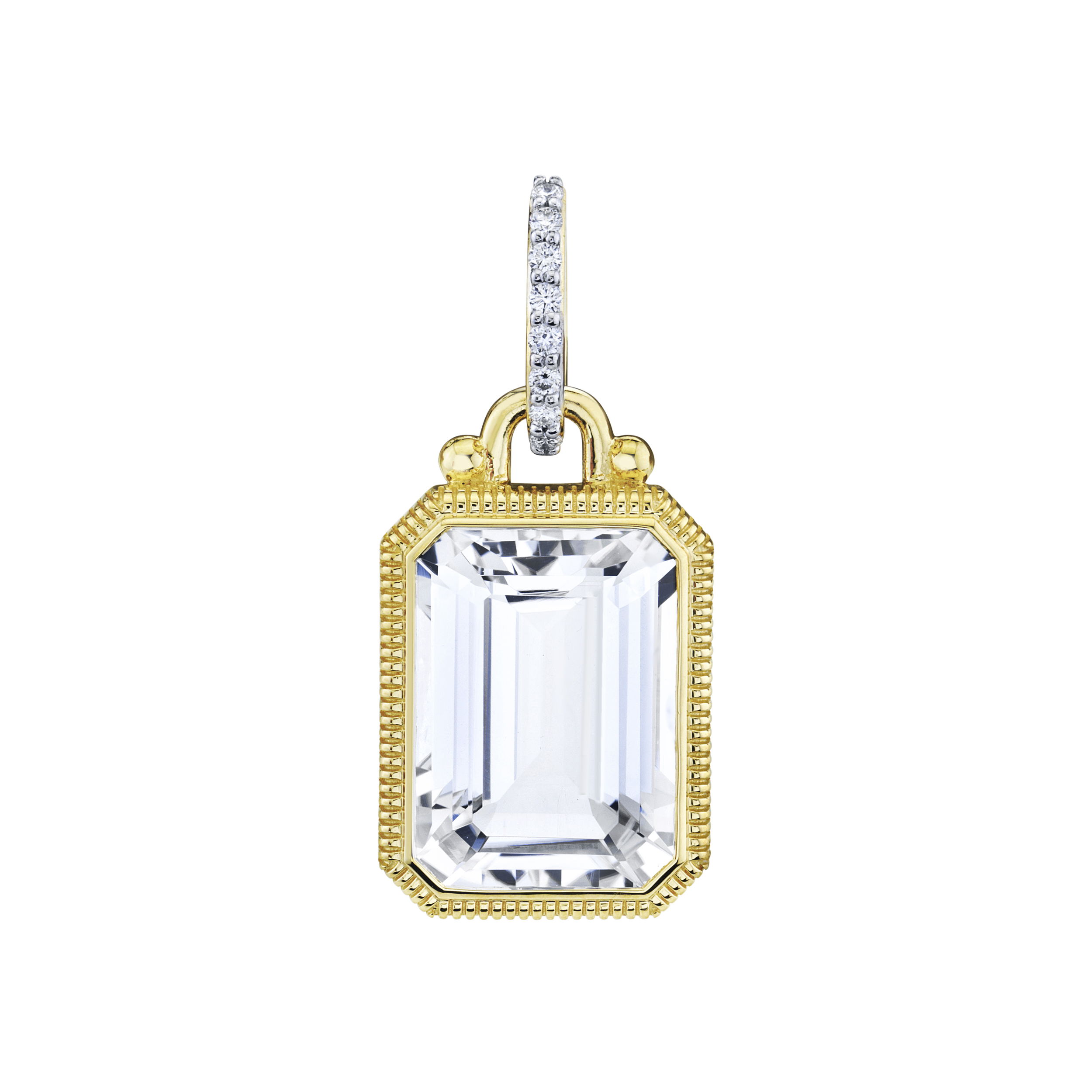 Showcasing a beautiful white topaz stone in an emerald cut, this pendant is the perfect addition to any chain.-18k Yellow gold-White topaz, 9.5cts-Round diamonds, 0.08ctsItem# 806-2000153 White Topaz & Diamond Pendant