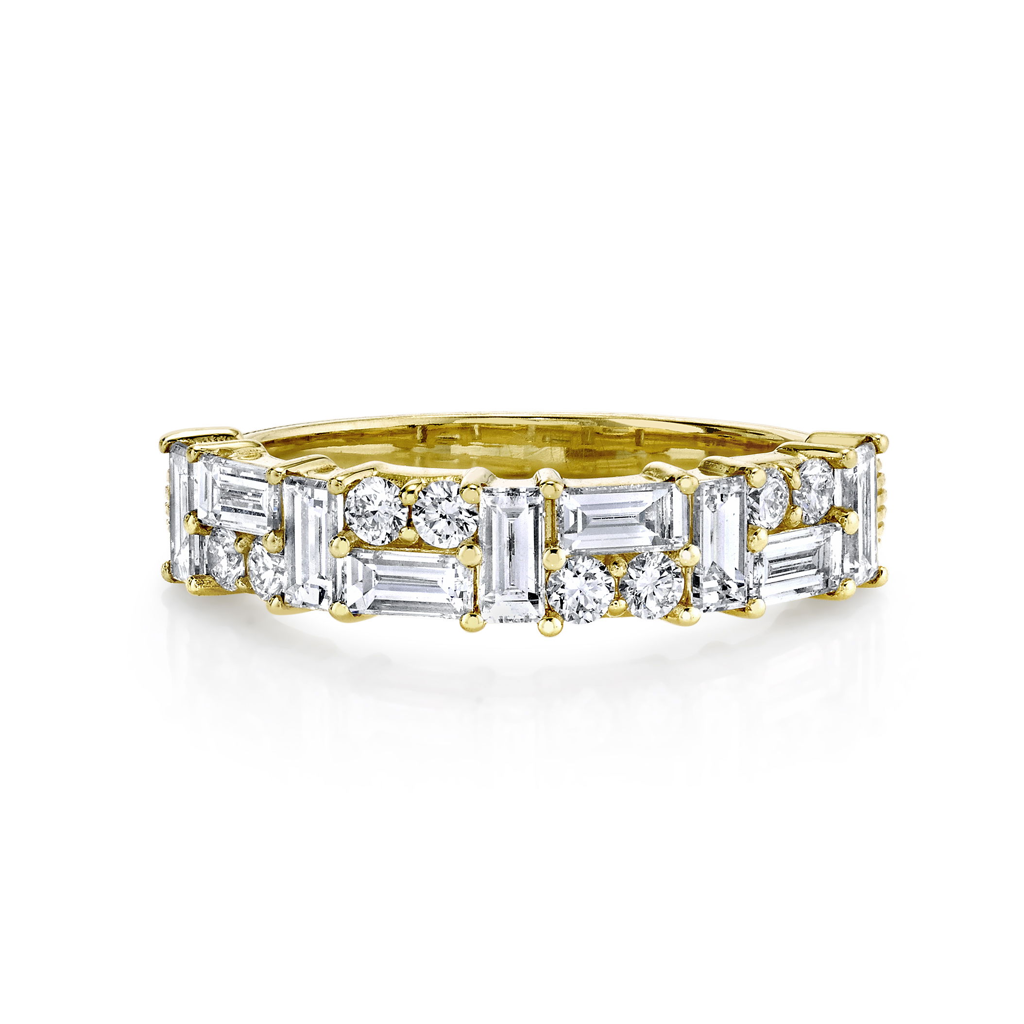 The uniqueness of this ring allows for a powerful message. For daily wear or special occasions, it is sure to be a topic of discussion.-18k Yellow gold-Baguette diamonds, 1.03cts-Round diamonds, 0.25ctsItem# 804-2000252 Multi Shape Diamond Band