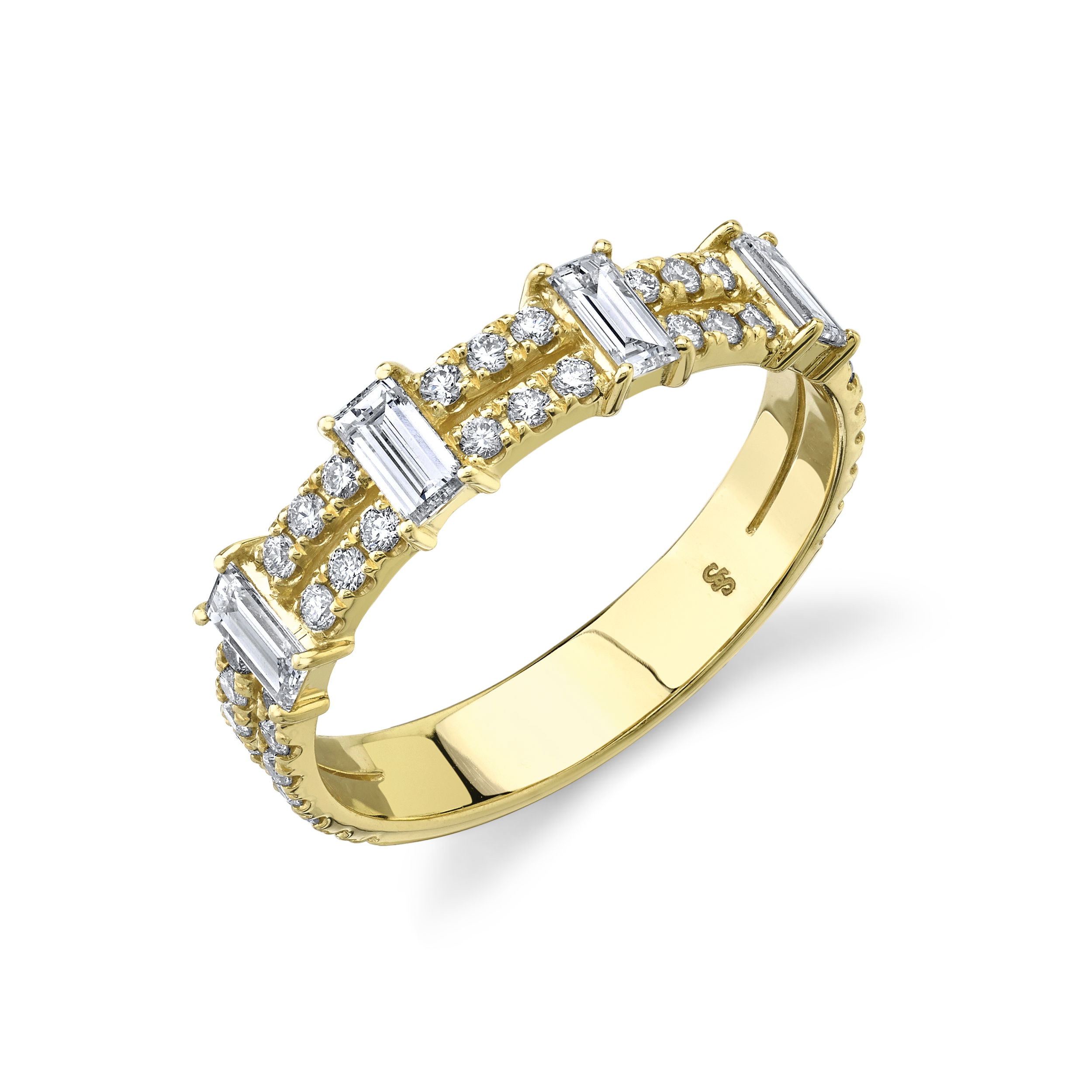 This piece is perfect to be worn alone or in a stack. Allowing itself to be the perfect addition to any collection.-18k Yellow gold-Baguette diamonds, 0.4cts-Round diamonds, 0.46ctsItem# 804-2000253 Double Baguette Band