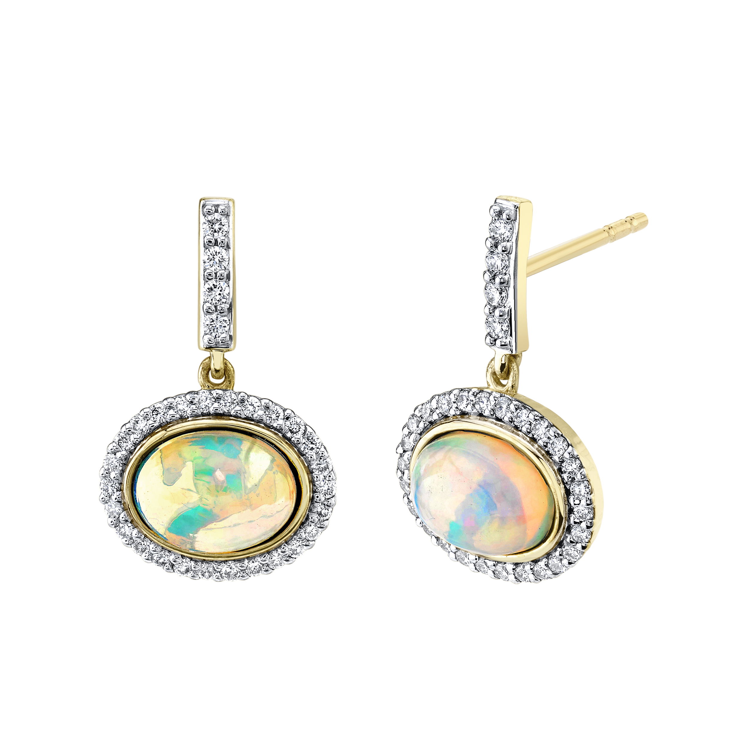 These earrings are a stunning way to make the statement you want to make. Be that as complimentary to prior selected jewelry or as the only pieces worn, they are sure to turn heads.-18k Yellow gold-Ethiopian opal, 1.47cts-Round diamonds, 0.48ctsItem# 805-2000428 Opal Drop Earrings