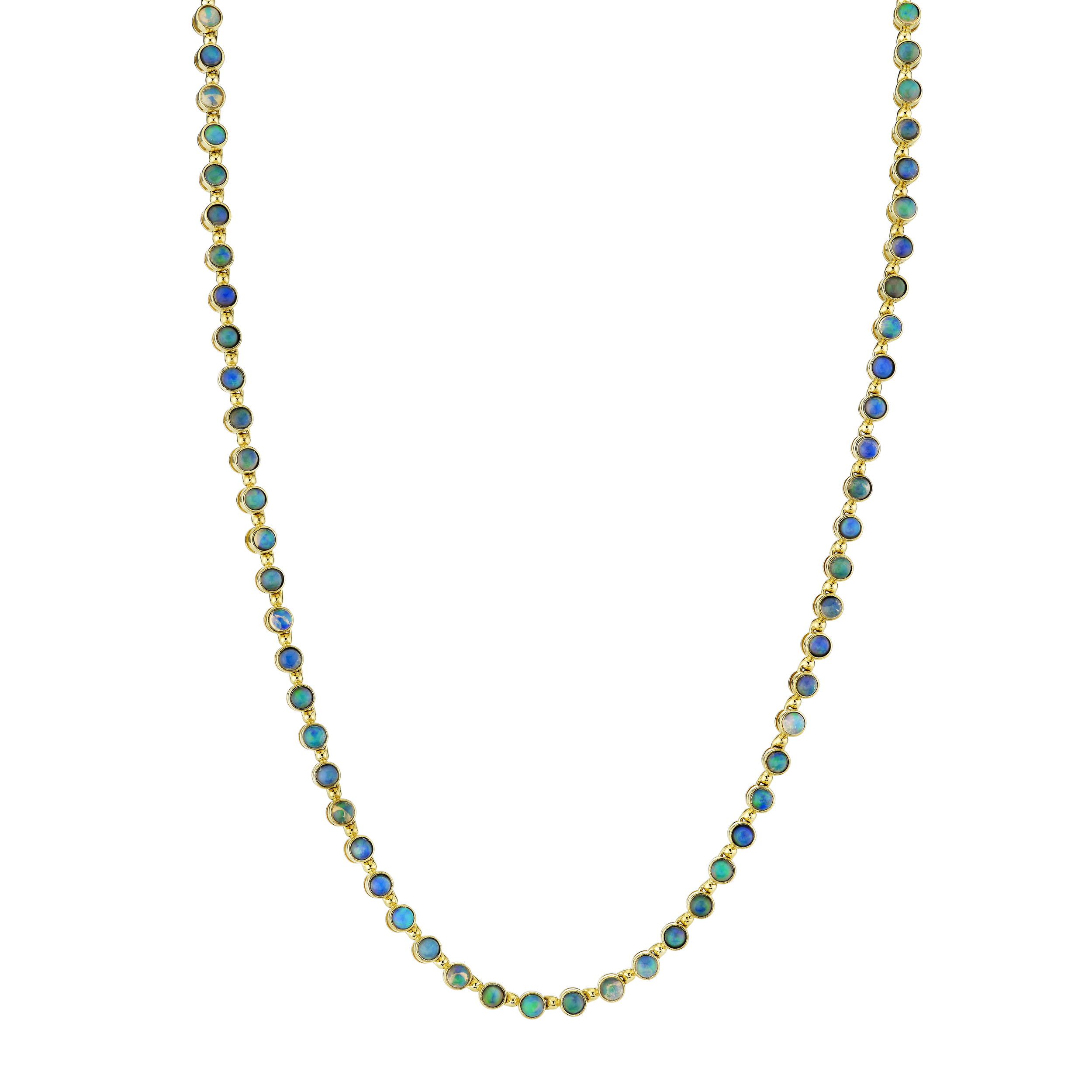 This piece showcases its beautiful opals in the form of a stunning tennis necklace. Sure to turn heads, this necklace is the perfect statement piece for any occasion. -18k Yellow gold-Ethiopian opal, 8.77ctsItem# 807-2000290 Ethiopian Opal Tennis Necklace