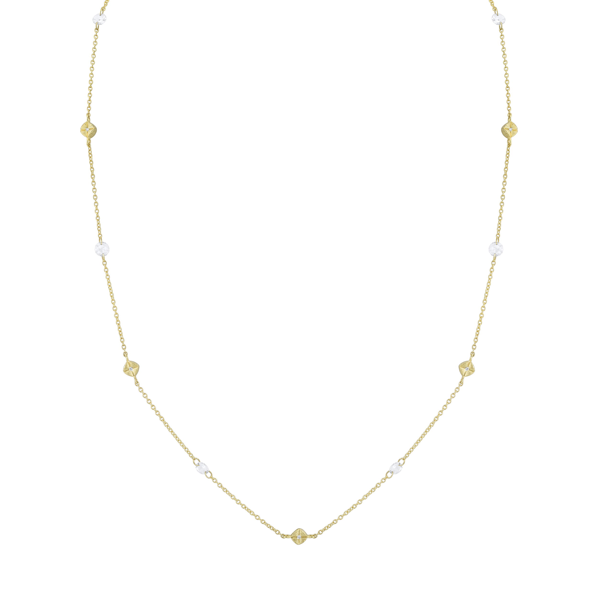 This chain is a testament to the beauty of the delicate nature of a classic look. Perfect for everyday wear or any special occasion, this piece will compliment any style.-18k Yellow gold-Rose diamonds, 0.48cts-Round diamonds, 0.04ctsItem# 807-2000293 Quilted Diamond Cushion & Diamond Chain