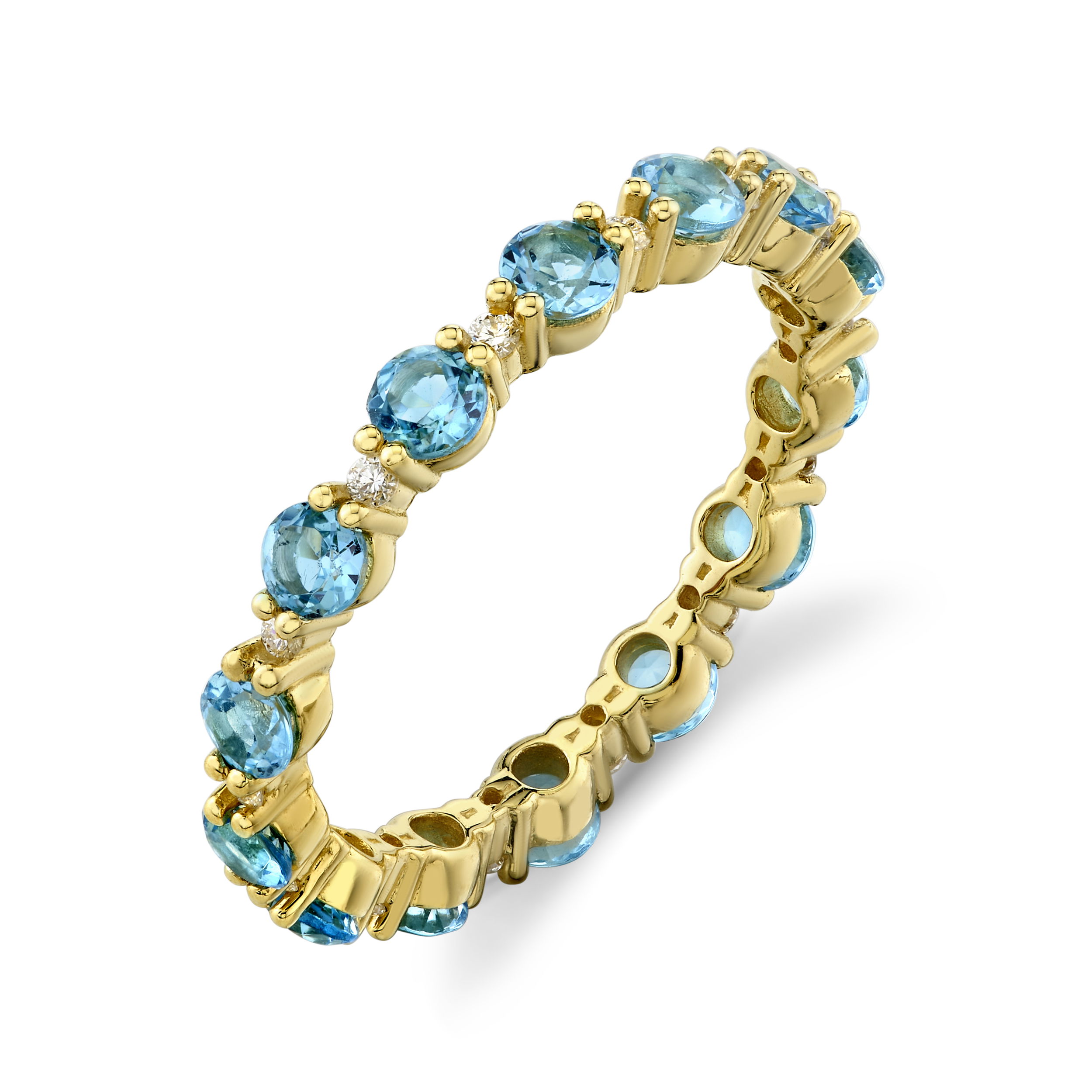 Featuring a beautiful combination of Swiss Blue Topaz and diamonds, this piece is a stunning addition to any ring stack.-18k Yellow gold-Swiss blue topaz, 1.66cts-Round diamonds, 0.14ctsItem# 804-2000255 Swiss Blue Topaz & Diamond Eternity Band