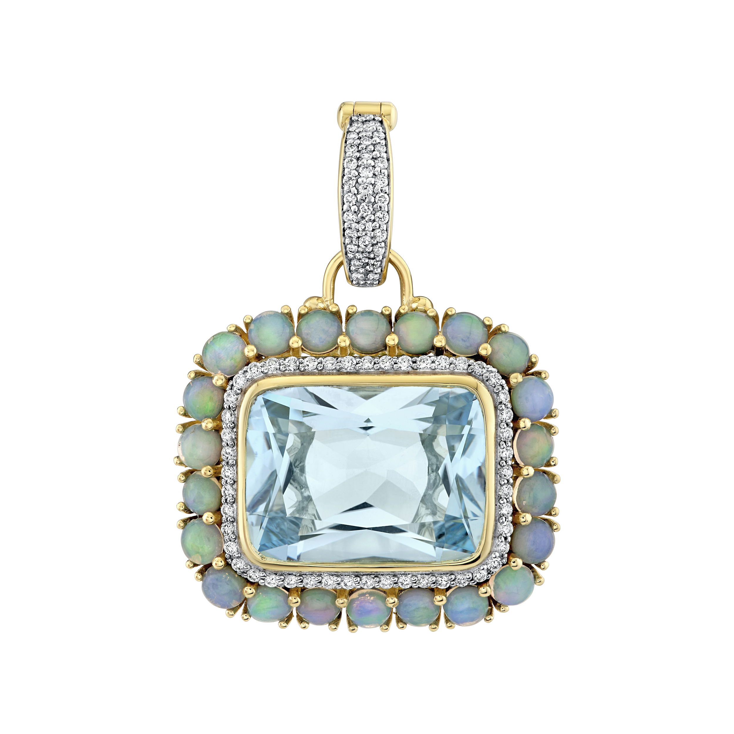 This pendant is truly a one-of-a-kind statement. Sure to turn heads, this piece is a perfect addition to any collection, one that no other collection will have.-18k Yellow gold-Sky blue topaz, 12.83cts-Ethiopian opal, 1.7cts-Round diamonds, 0.35ctsItem# 807-2000298 Sky Blue Topaz Pendant With Opal & Diamond Halo