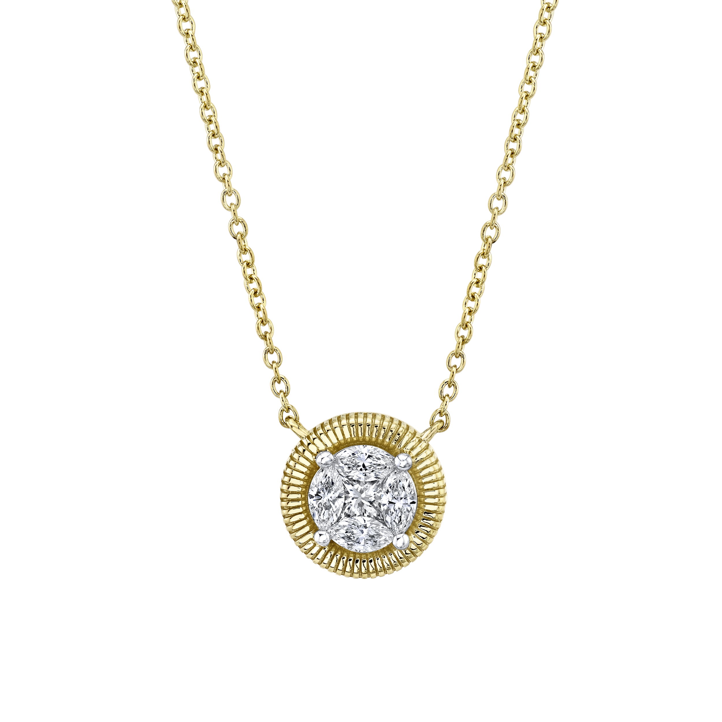 Simple yet timeless, this necklace features diamonds in an illusion set, offering more sparkle to any style.-18k Yellow gold-Princess diamond, 0.36cts-Marquise diamonds, 0.48ctsItem# 807-2000299 Cipriani Pendant on Boston Chain