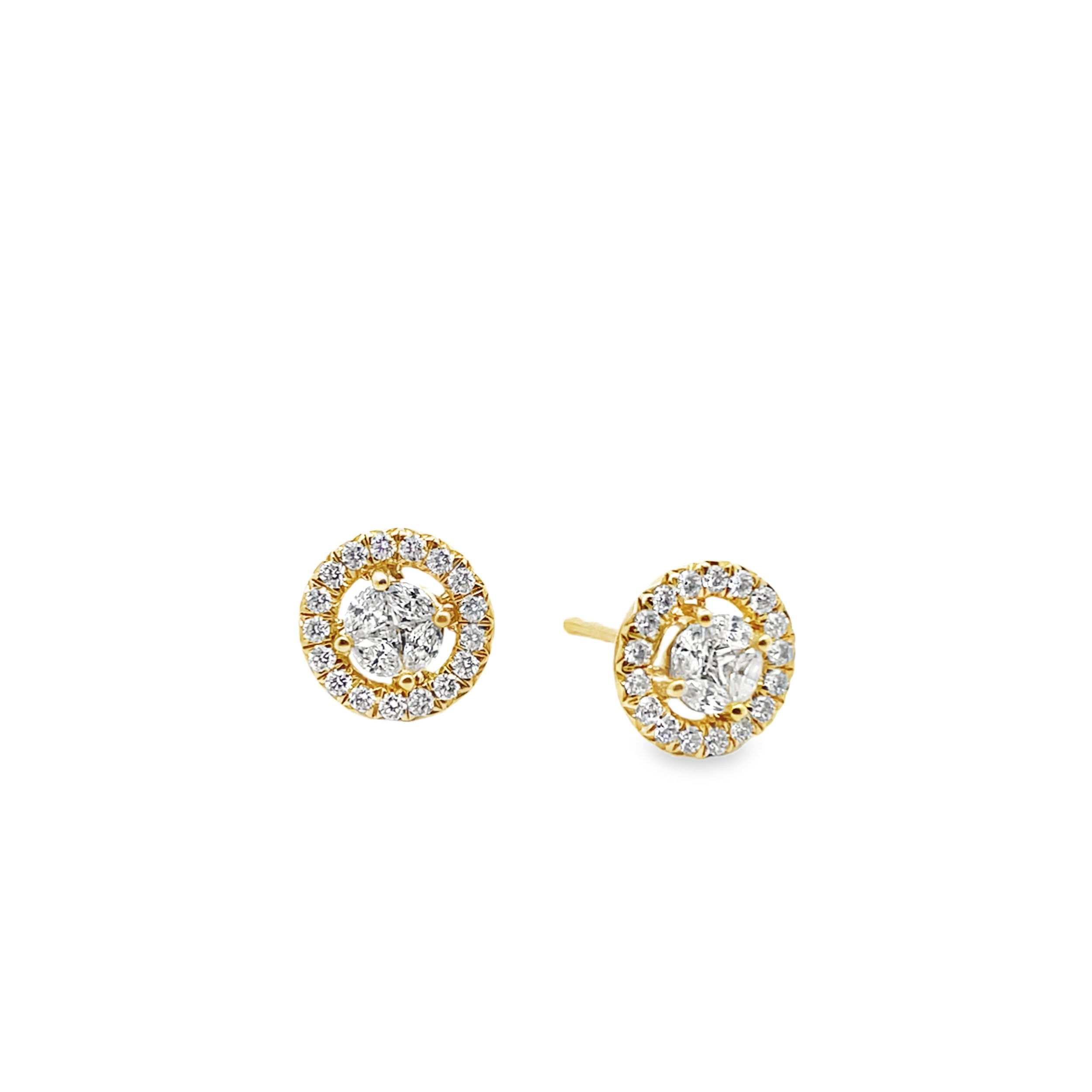 Simple yet timeless, these studs feature diamonds in an illusion set, offering more sparkle.-18k Yellow gold-Round diamonds, 0.34cts-Princess diamonds, 0.15cts-Marquise diamonds, 0.22ctsItem# 805-2000432 Diamond Stud Earrings