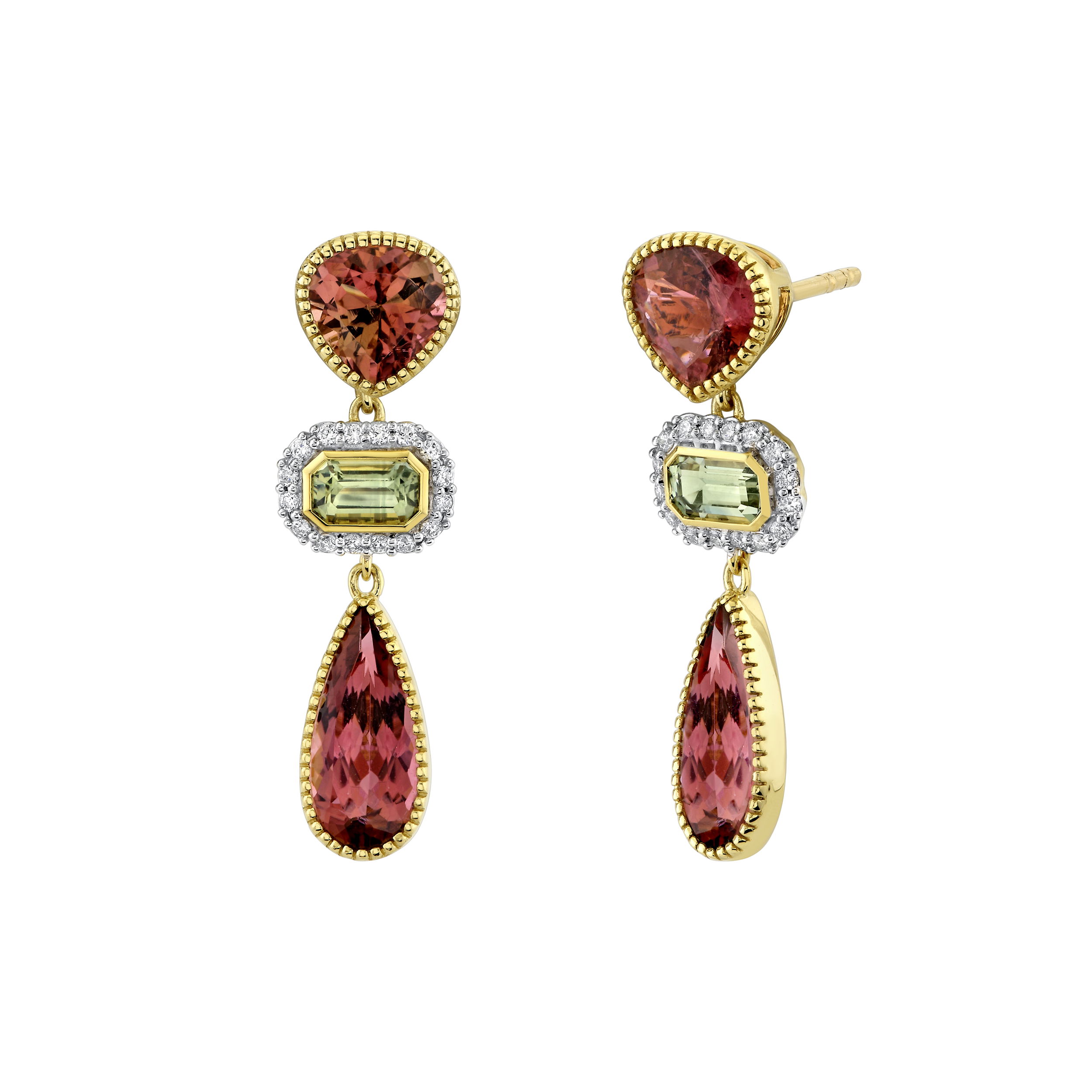 Perfectly complimented by each other, these earrings feature pink tourmaline and green sapphire stones in a variation of cuts.-18k Yellow gold-Pink tourmaline, 4.34cts-Green tourmaline, 0.7cts-Round diamonds, 0.16cts-Item# 805-2000434 Pink Tourmaline & Green Sapphire Earrings