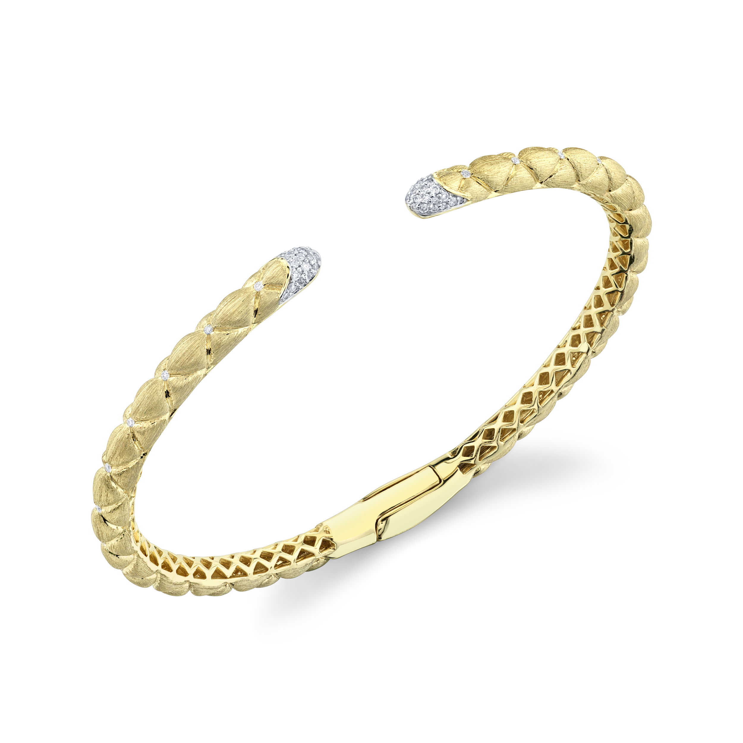 This unique quilted piece is a perfect addition to any stack or a stunning stand-alone piece. -18k Yellow gold-Round diamonds, 0.29ctsItem# 808-2000259 Diamond Open Quilted Bracelet