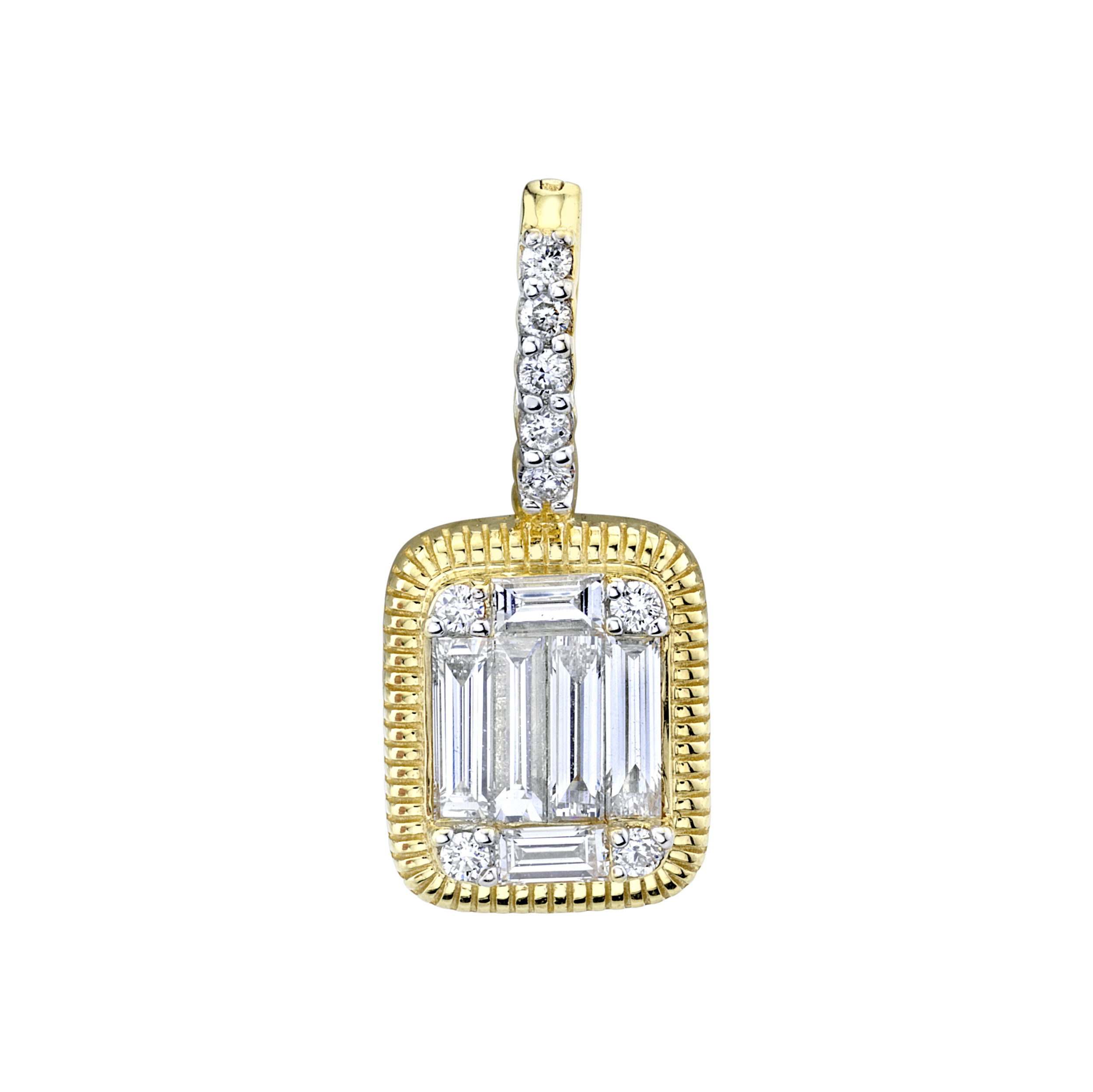 A beautifully designed piece with diamonds in an illusion set, this pendant is the perfect add on to any chain in any collection.-18k Yellow gold-Baguette diamonds, 0.39cts-Round diamonds, 0.09ctsItem# 160-2000012 Diamond Cluster Pendant