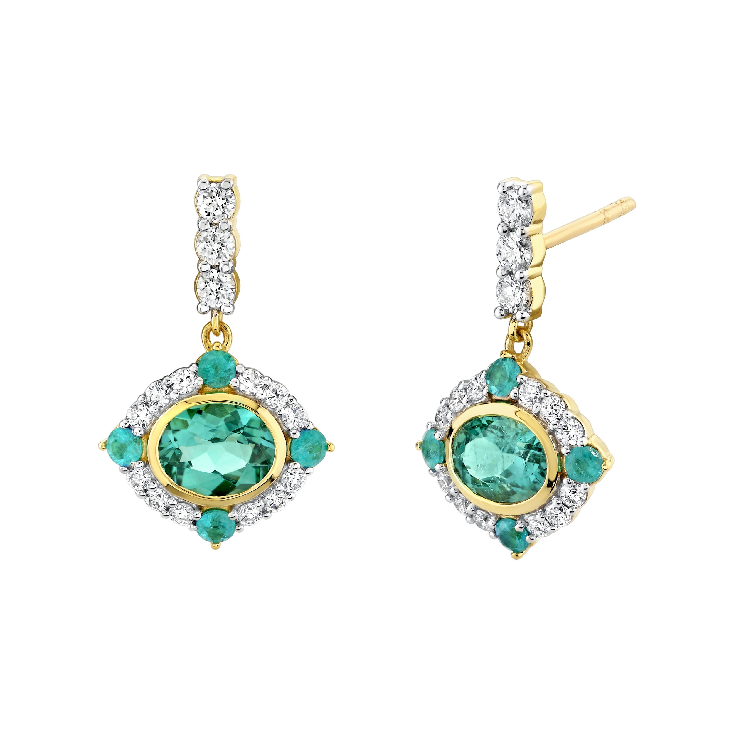 With beautiful tourmaline and diamonds, these earrings are a unique addition to any collection.-18k Yellow gold-Paraiba tourmaline, 0.33cts-Green tourmaline, 1.88cts-Round diamonds, 0.61ctsItem# 805-2000436 Blue-Green Tourmaline & Paraiba Earrings