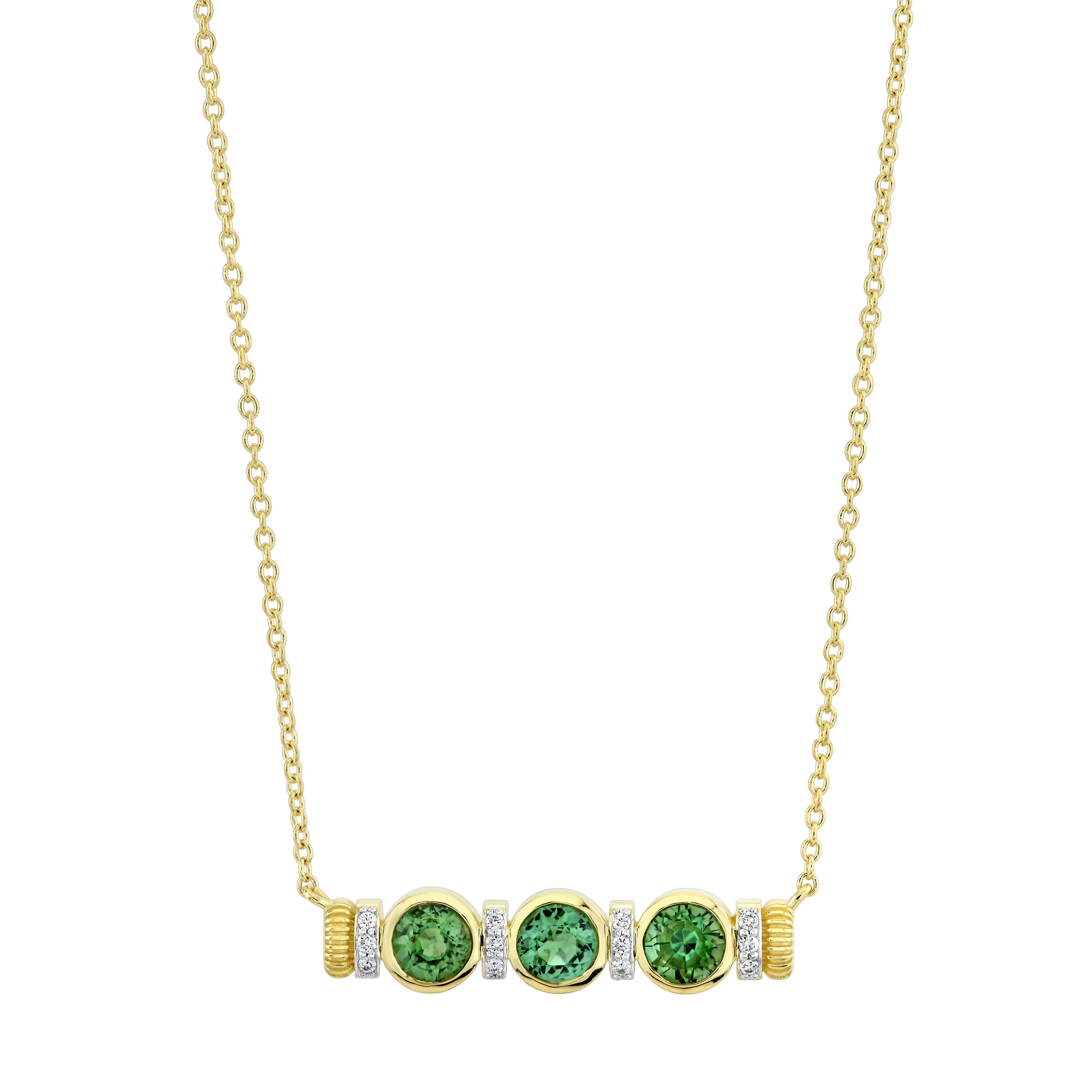 This necklace is a perfect accent piece to join any prior selected jewelry. -18k Yellow gold-Green tourmaline, 1.54cts-Round diamonds, 0.06ctsItem# 807-2000301 Seafoam Tourmaline Bar Necklace