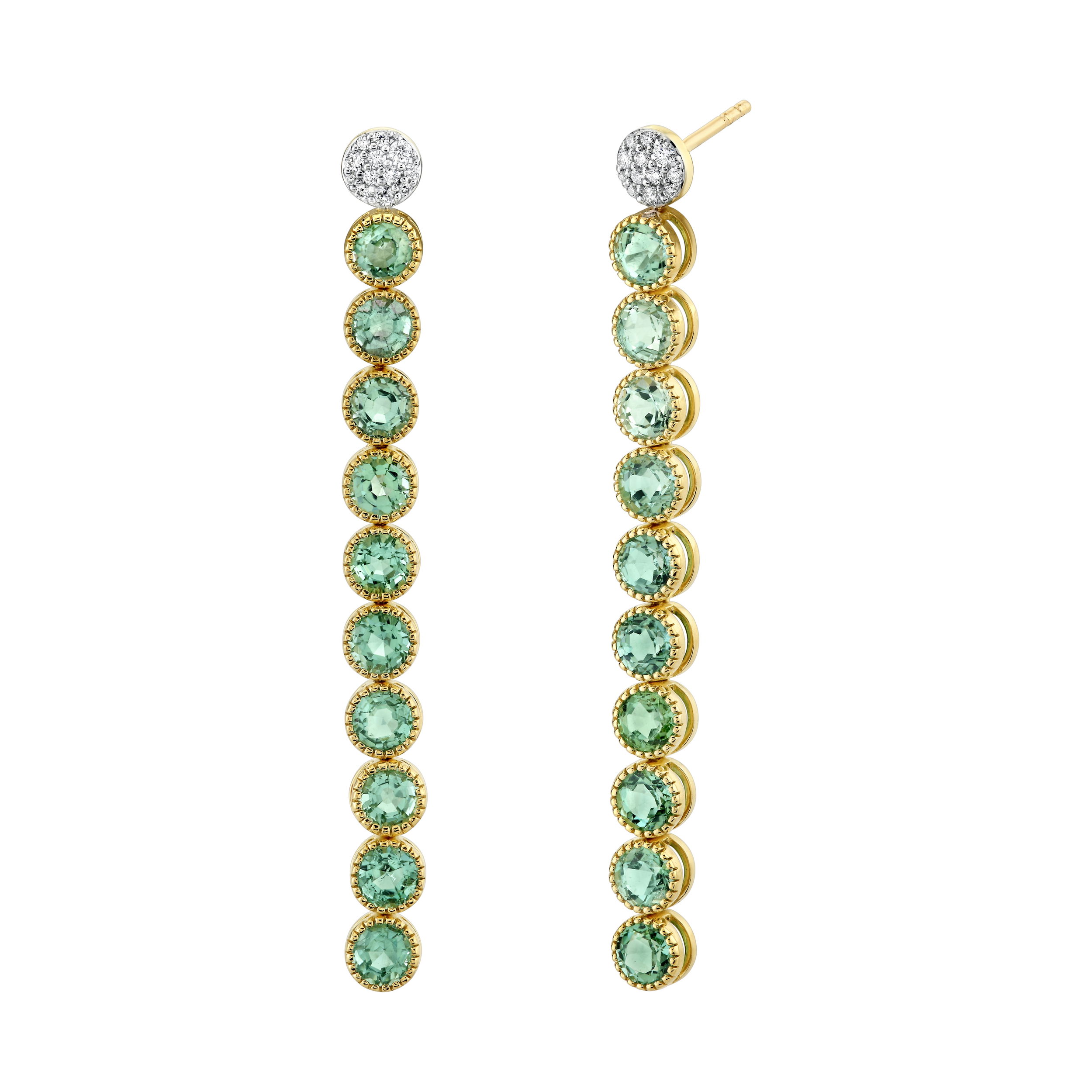 Truly one-of-a-kind pieces, these earrings are a stunning way to complete any look and compliment any style.-18k Yellow gold-Green tourmaline, 6.41cts-Round diamond, 0.16ctsItem# 805-2000437 Seafoam Tourmaline Bubble-Stick Earrings