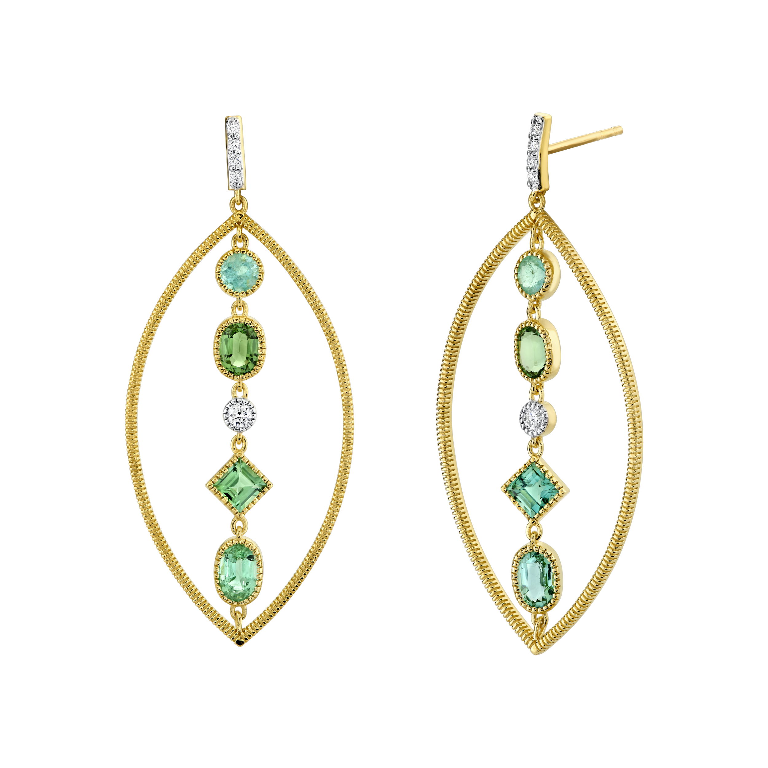 Unique and sophisticated, these earrings are the perfect way to complete any look.-18k Yellow gold-Green tourmaline, 2.34cts-Round diamonds, 0.21ctsItem# 805-2000438 Strie Frame Earrings With Mixed Shaped Tourmaline & Diamonds