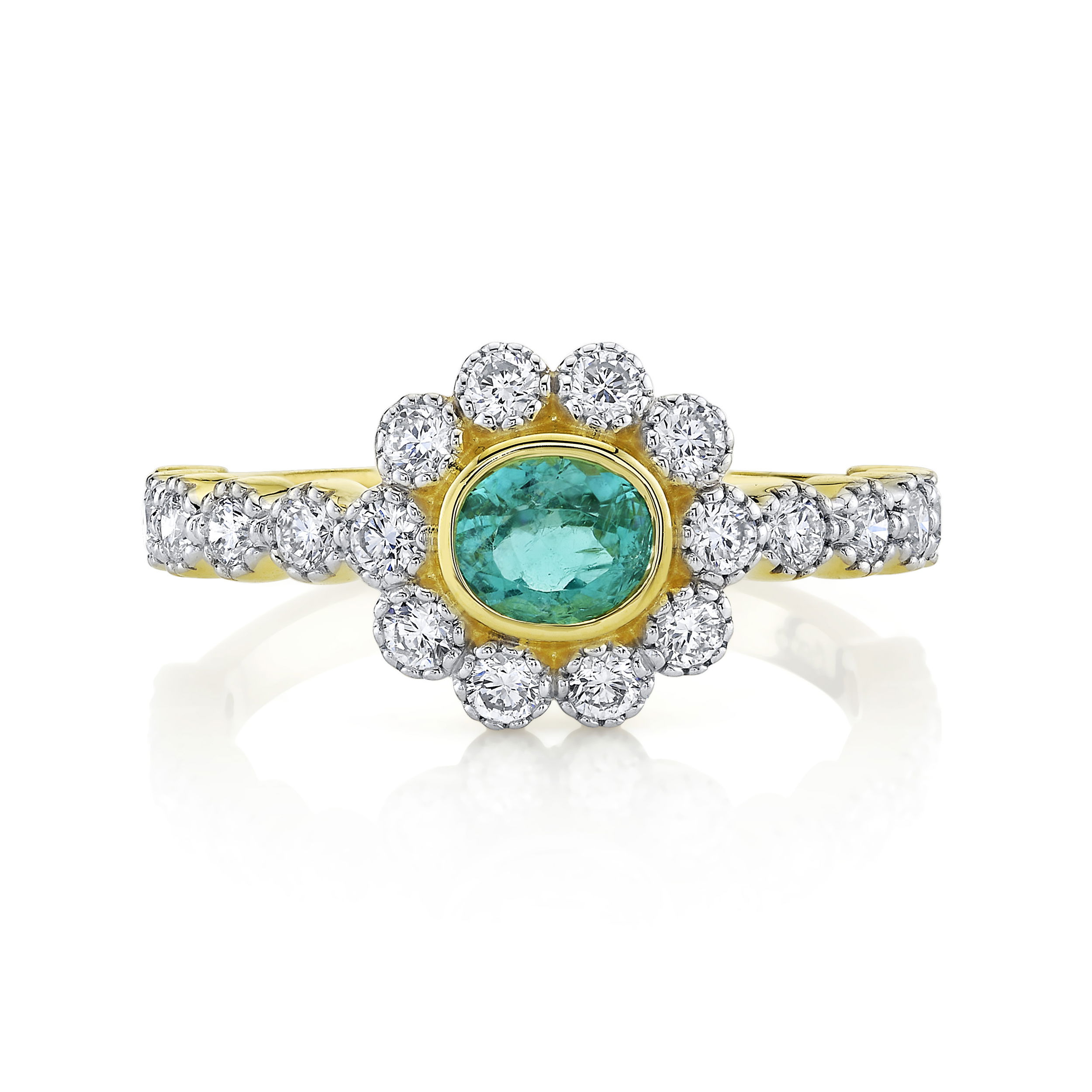 Set with diamonds and a stunning Paraiba tourmaline center stone, this ring allows itself to be a stunning addition to any collection.-18k Yellow gold-Paraiba tourmaline, 0.5cts-Round diamonds, 0.63ctsItem# 804-2000261 Paraiba Tourmaline Ring With Diamond Halo