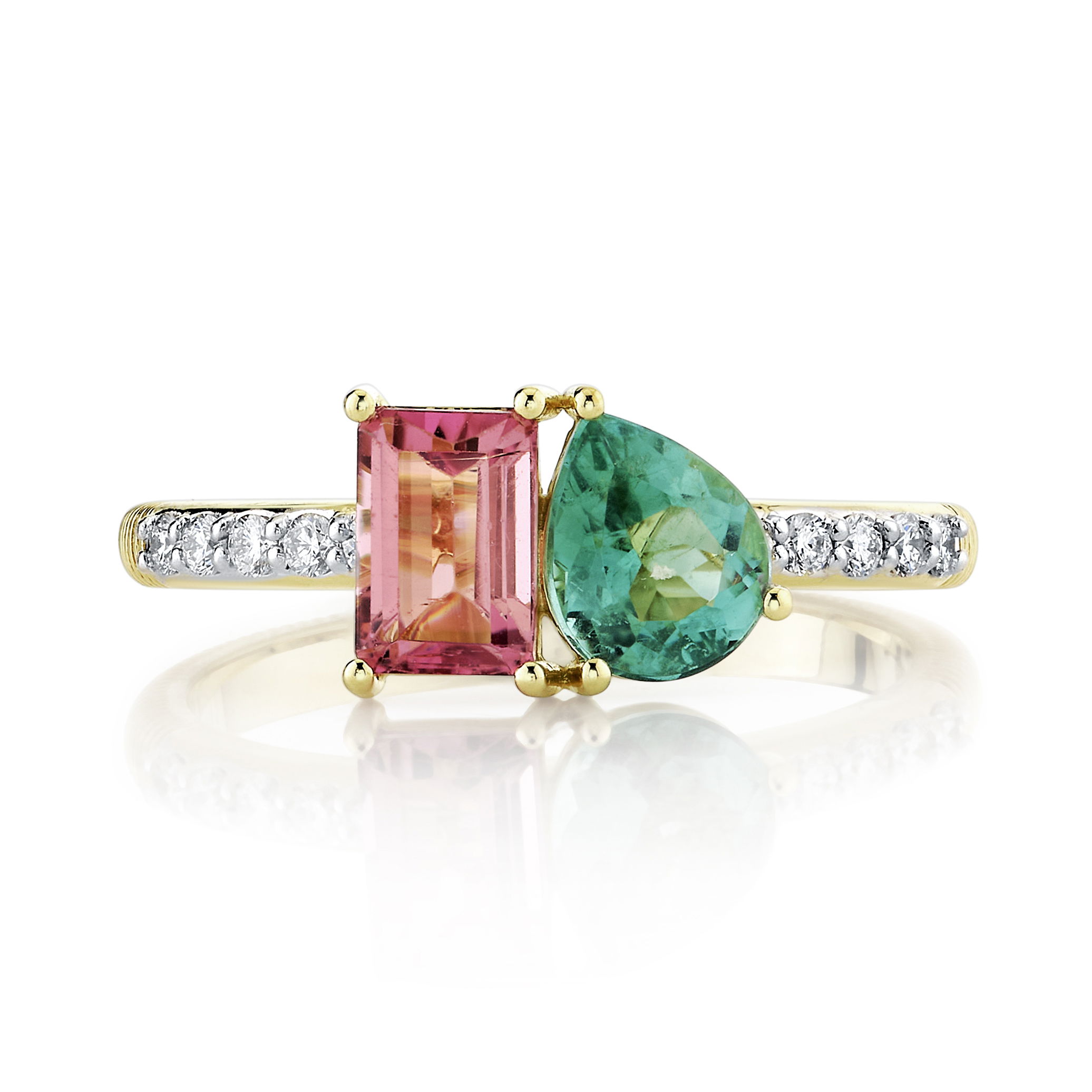 Complimenting each other beautifully, the Paraiba and pink tourmaline stones set within this ring will add a touch of elegance to any collection.-18k Yellow gold-Pink tourmaline, 0.72cts-Paraiba tourmaline, 0.65cts-Round diamonds, 0.15ctsItem# 804-2000262 Paraiba Tourmaline & Pink Tourmaline Ring