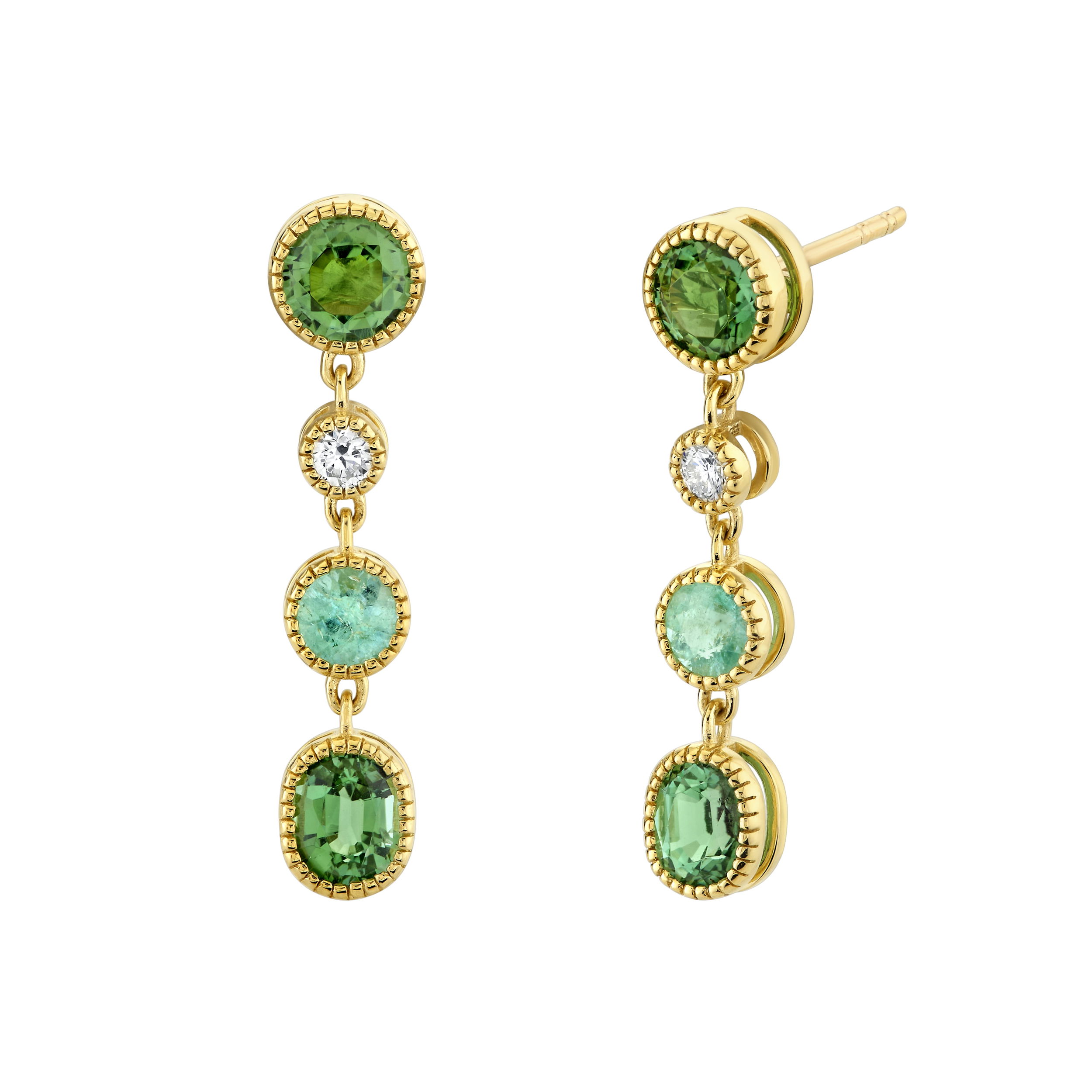 Boasting green and Paraiba tourmaline, these earrings are true one-of-a-kind pieces, perfect for everyday wear or any special occasion.-18k Yellow gold-Paraiba tourmaline, 0.51cts-Green tourmaline, 1.93cts-Round diamonds, 0.12ctsItem# 805-2000439 Green Tourmaline & Paraiba Drop Earrings