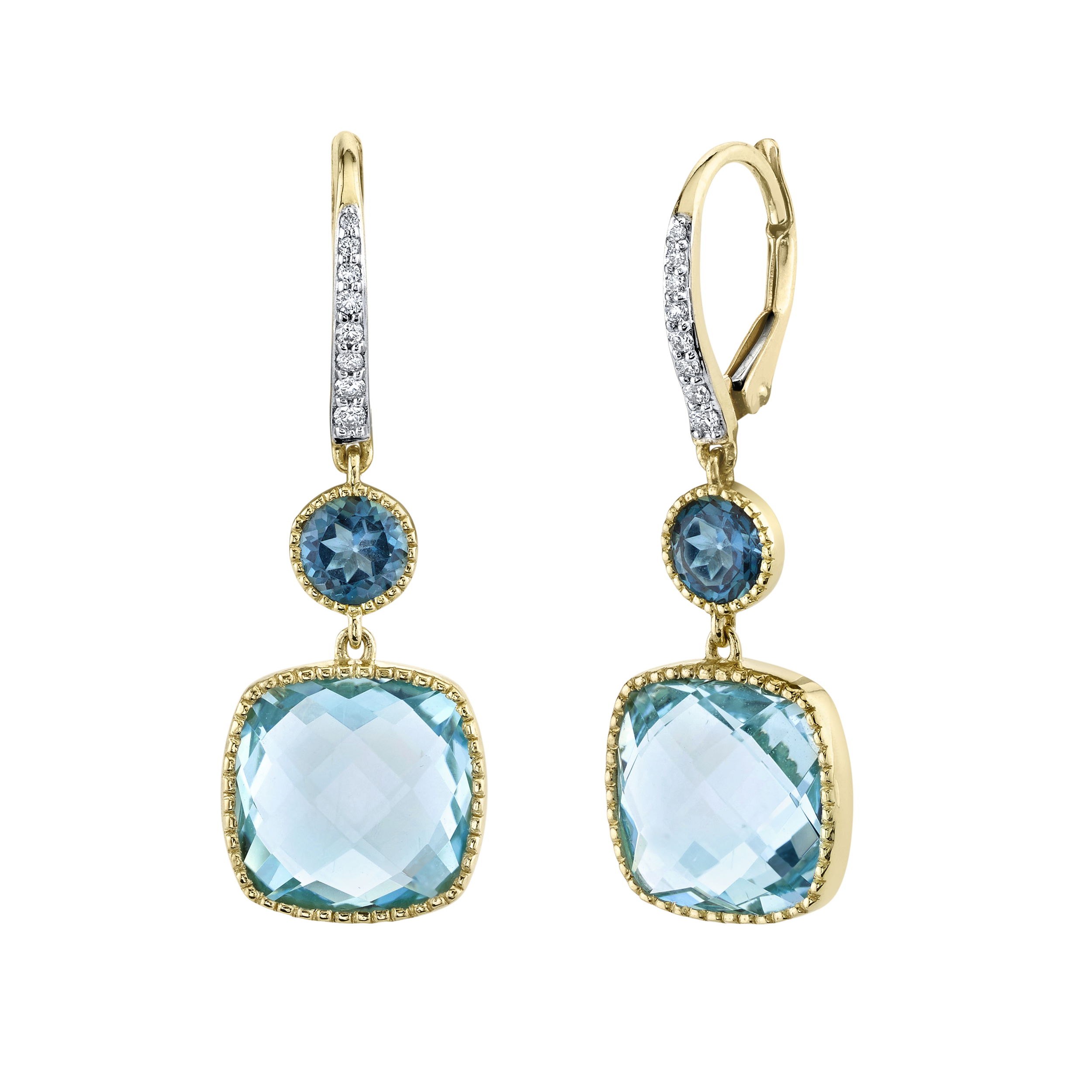 These earrings, with Sky Blue Topaz, London Blue Topaz, and diamonds, create a beautiful combination worthy of any collection.-18k Yellow gold-Sky blue topaz, 9.48cts-London blue topaz, 0.9cts-Round diamonds, 0.092ctsItem# 805-2000440 Mixed Topaz Drop Earrings