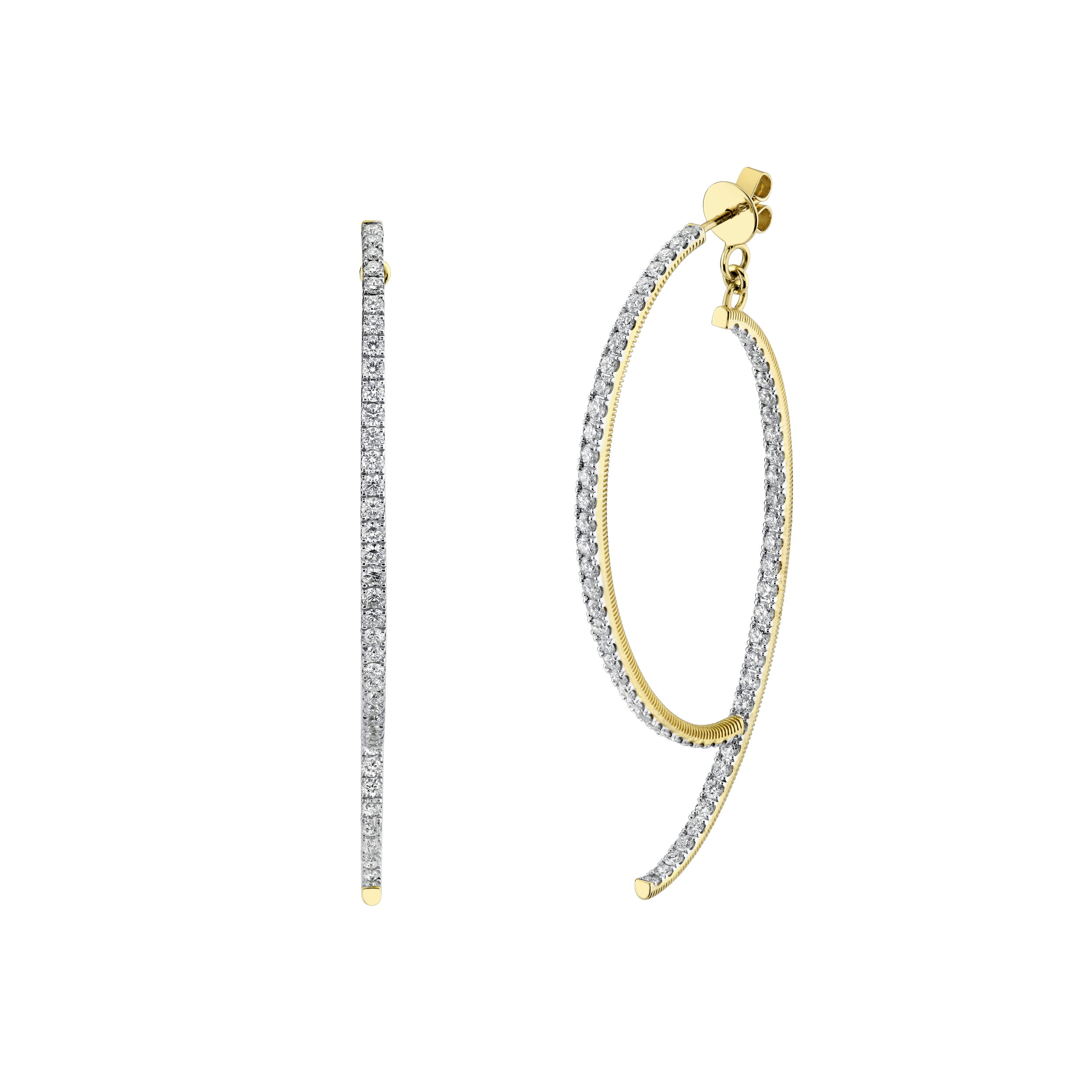The elegant design of these earrings allows themselves to be perfect for everyday wear or any special occasion.-18k Yellow gold-Round diamonds, 4.47ctsItem# 805-2000441 Half Moon Diamond Earrings