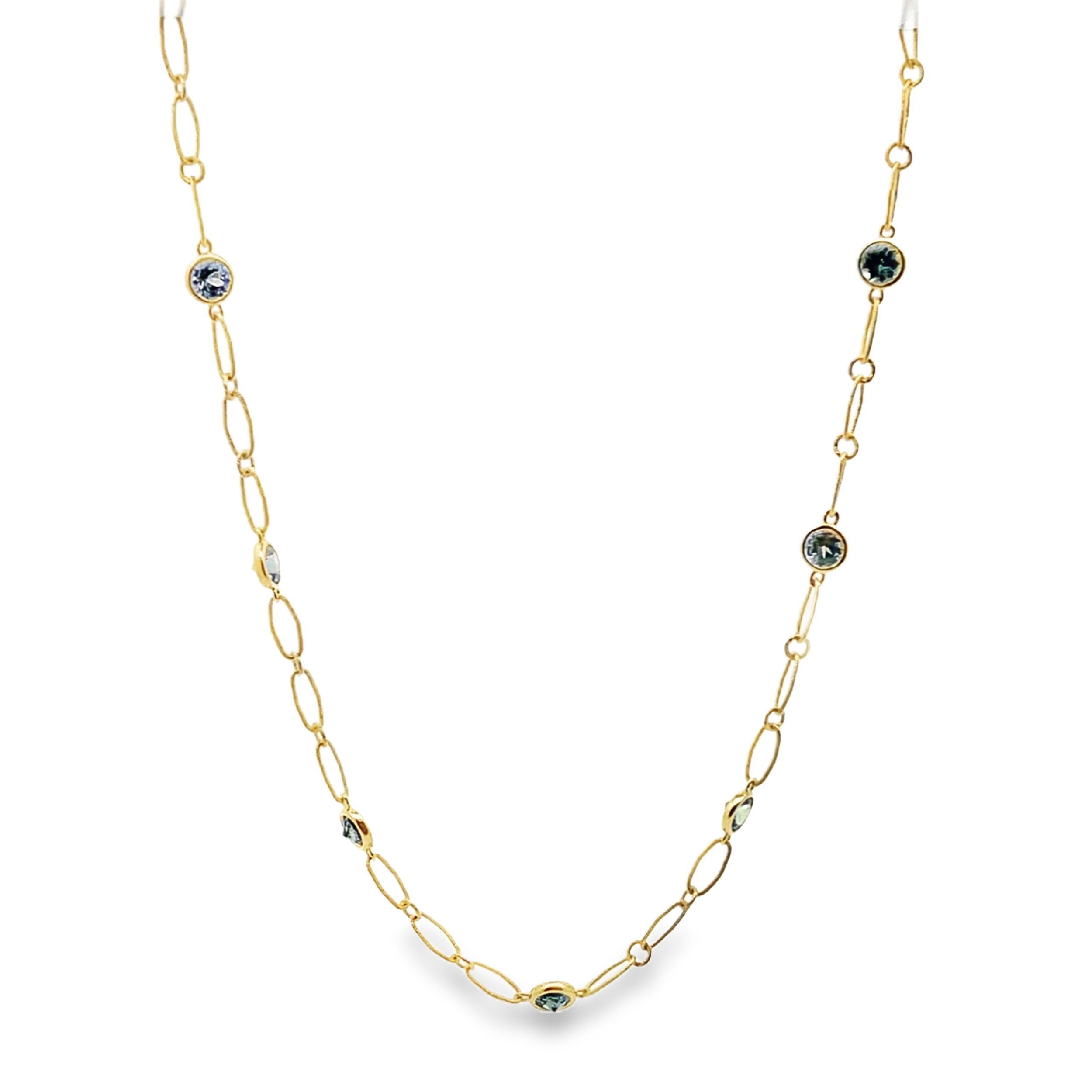 This piece features green sapphires set within an elegant chain, a beautiful accent piece or a stunning stand alone statement piece.-18k Yellow gold-Round green sapphires, 3.9ctsItem# 807-2000304 Green Sapphire Chain Necklace