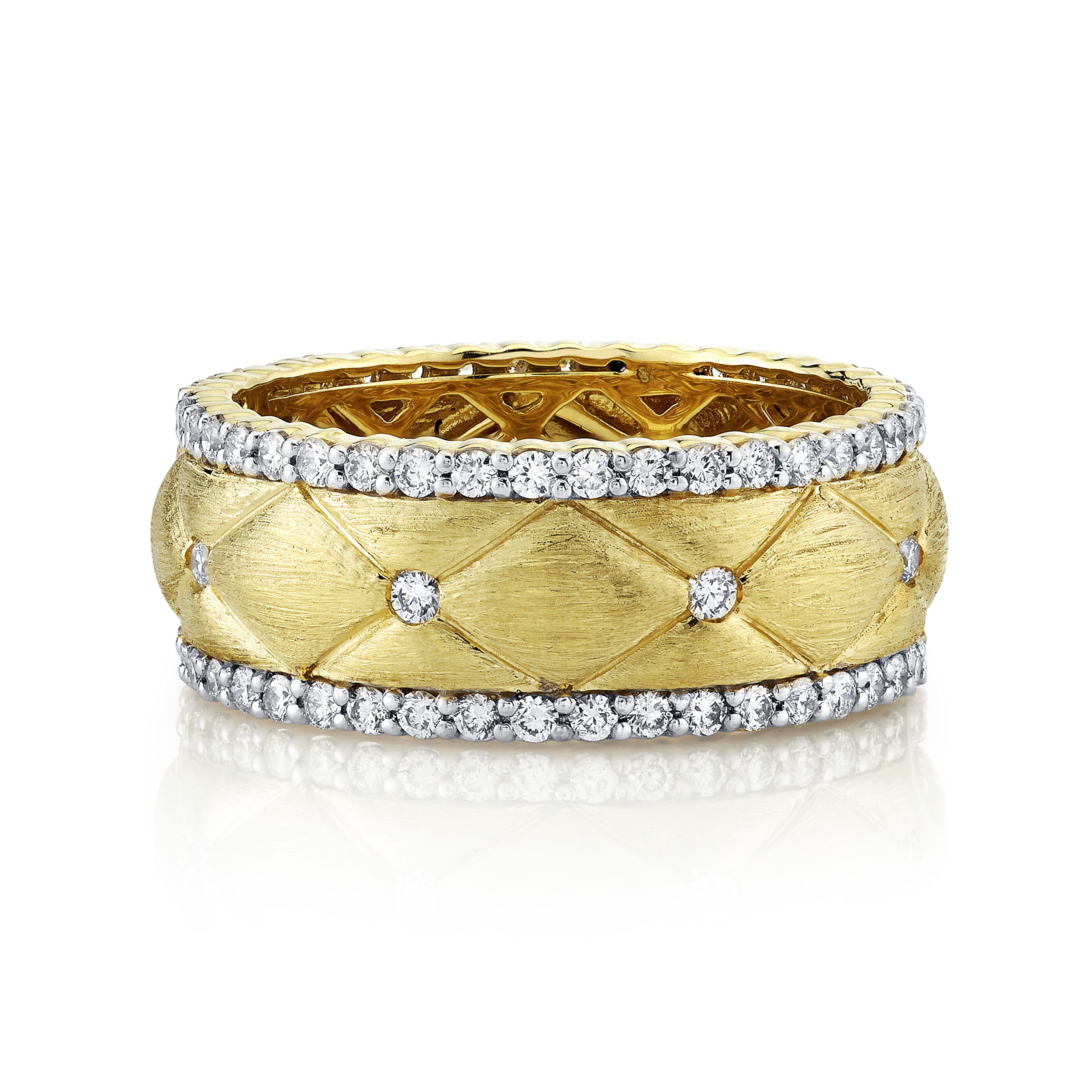 Perfect for any ring stack or as a beautiful stand alone, this piece has a classic design that is sensational for any occasion.-18k Yellow gold-Round diamonds, 0.92ctsItem# 804-2000265 Quilted Band With Diamond Detail