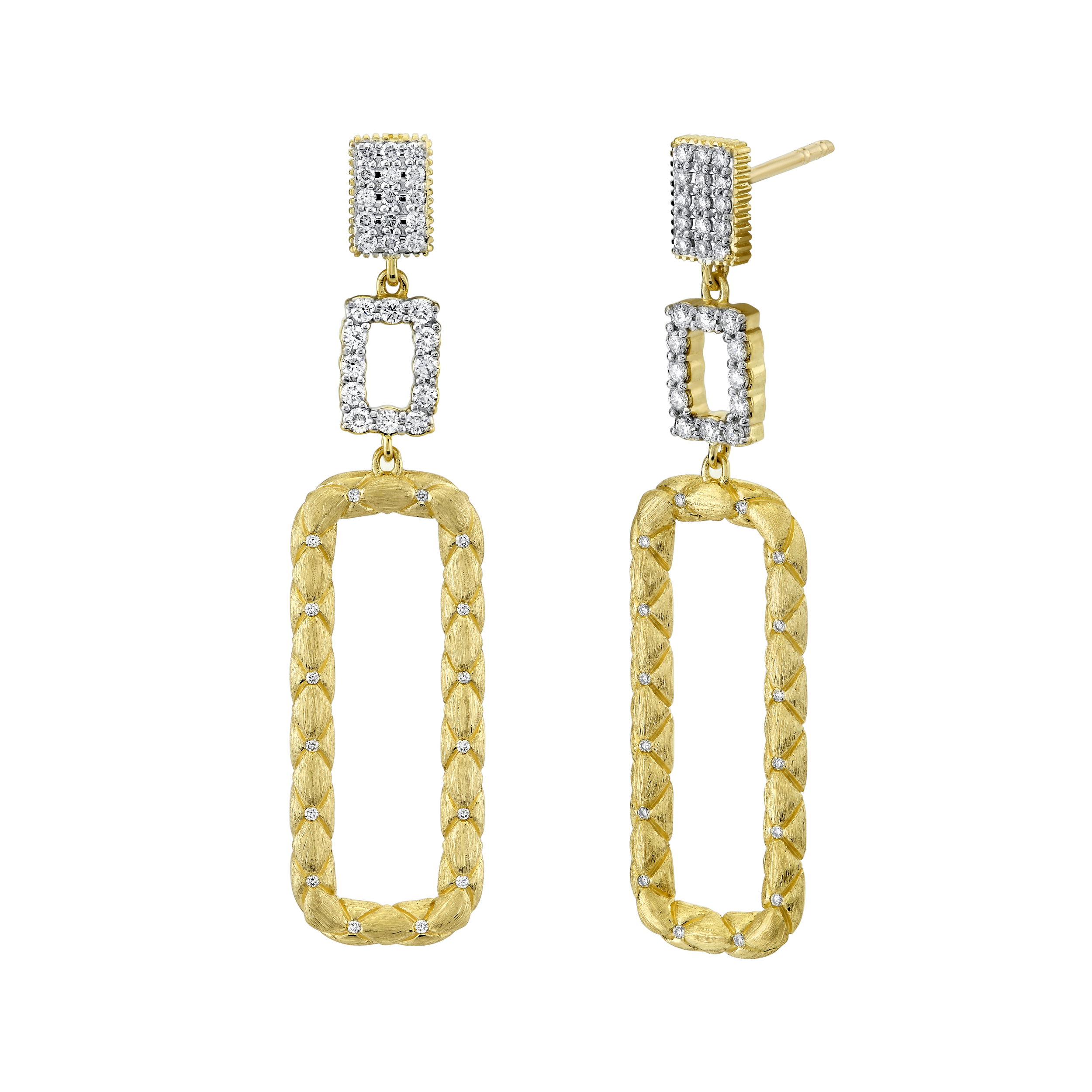 These earrings showcase a sleek and classic design that can be timelessly appreciated, perfect for any occasion.-18k Yellow gold-Round diamonds, 0.47ctsItem# 805-2000442 Quilted Link Diamond Drop Earrings