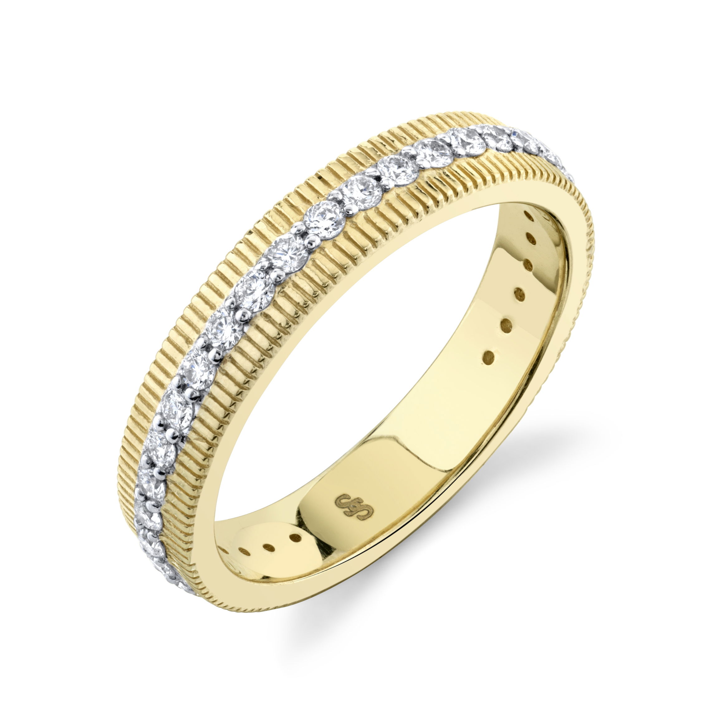 Perfect for any ring stack or a stunning stand alone, the versatility of this piece allows itself to be a beautiful addition to any collection.-18k Yellow gold-Round diamonds, 0.45ctsItem# 804-2000268 Diamond Band With Strie Detail