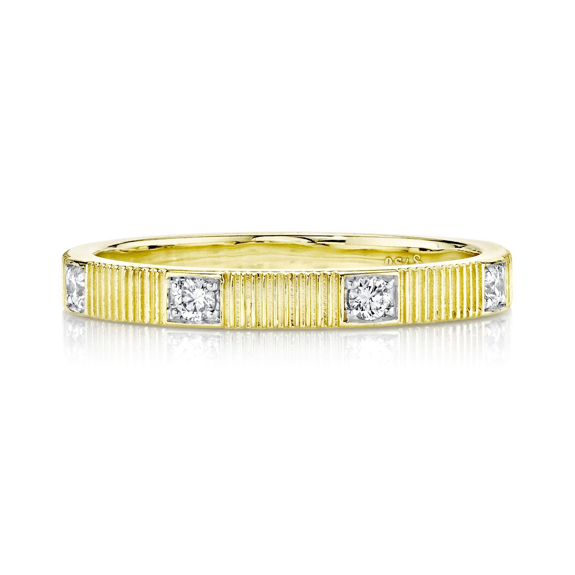 This piece boasts its beautiful and classic design in the form of a versatile stacking ring.-18k Yellow gold-Round diamonds, 0.18ctsItem# 804-2000269 Strie & Diamond Band