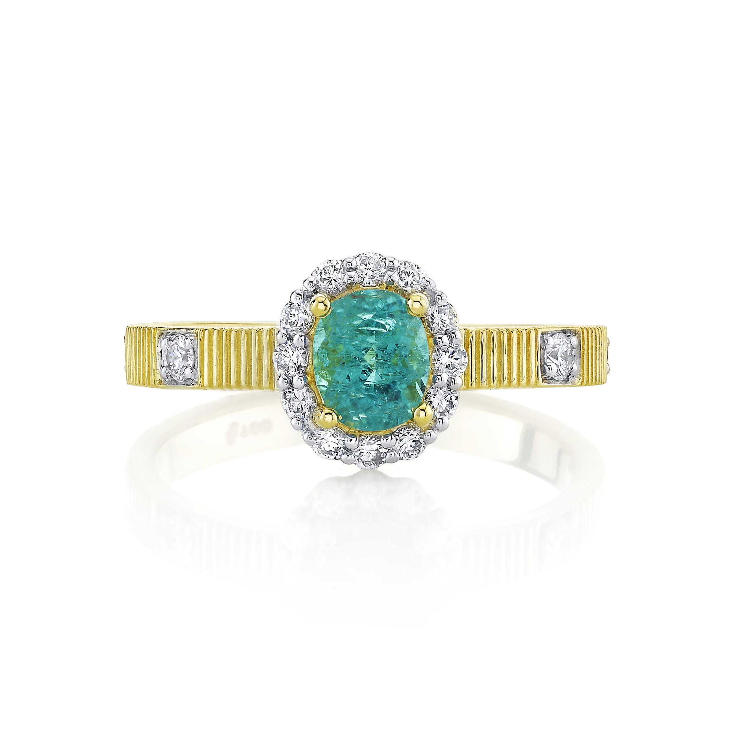 This piece showcases a beautiful combination of diamonds and Paraiba tourmaline, allowing itself to be the perfect addition to any collection.-18k Yellow gold-Paraiba tourmaline, 0.7cts-Round diamonds, 0.34ctsItem# 804-2000272 Paraiba Tourmaline & Diamond Ring