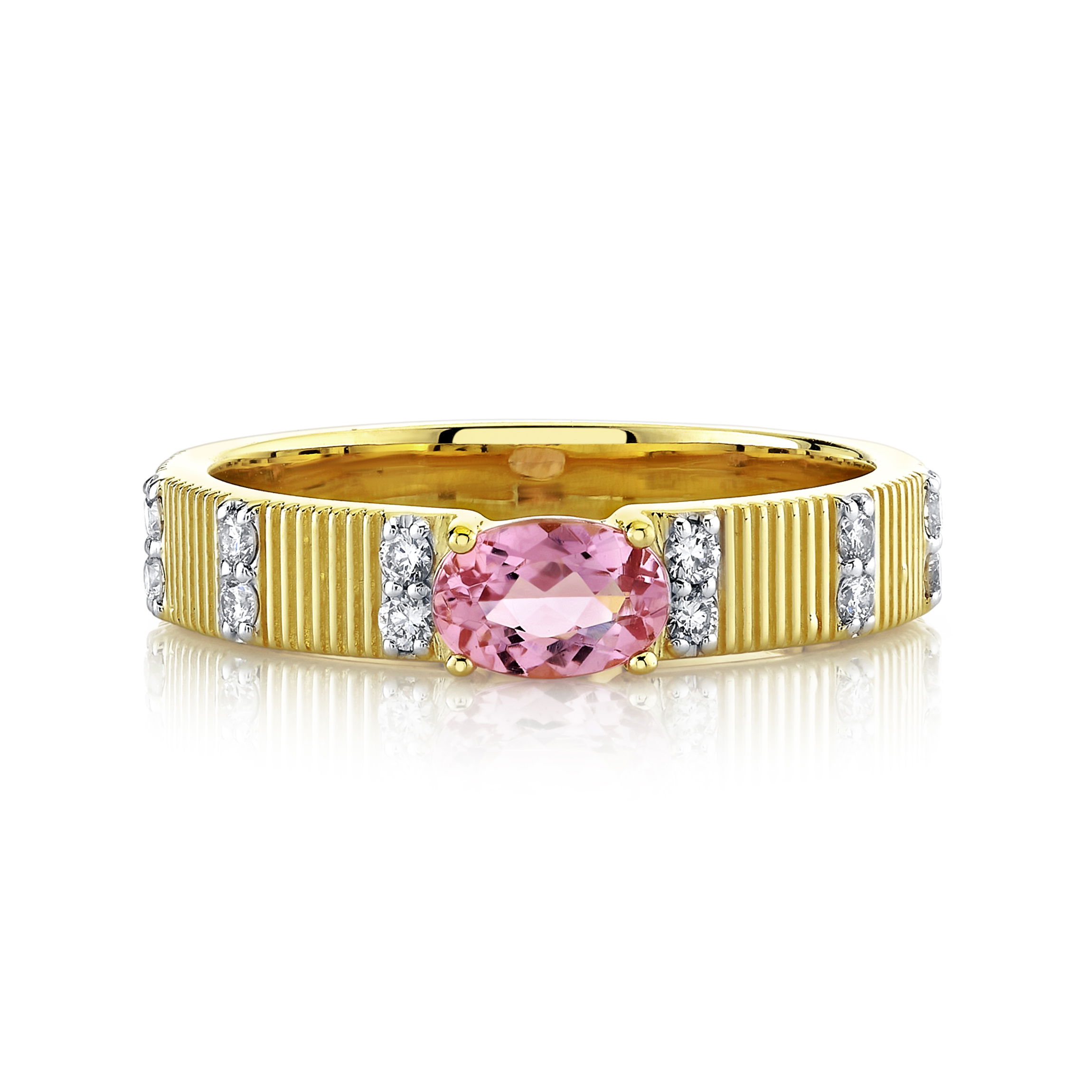 The combination of diamonds and pink tourmaline within the design of this ring is a true work of art, allowing itself to be the perfect statement piece.-18k Yellow gold-Pink tourmaline, 0.45cts-Round diamonds, 0.3ctsItem# 804-2000273 Pink Tourmaline & Diamond Band