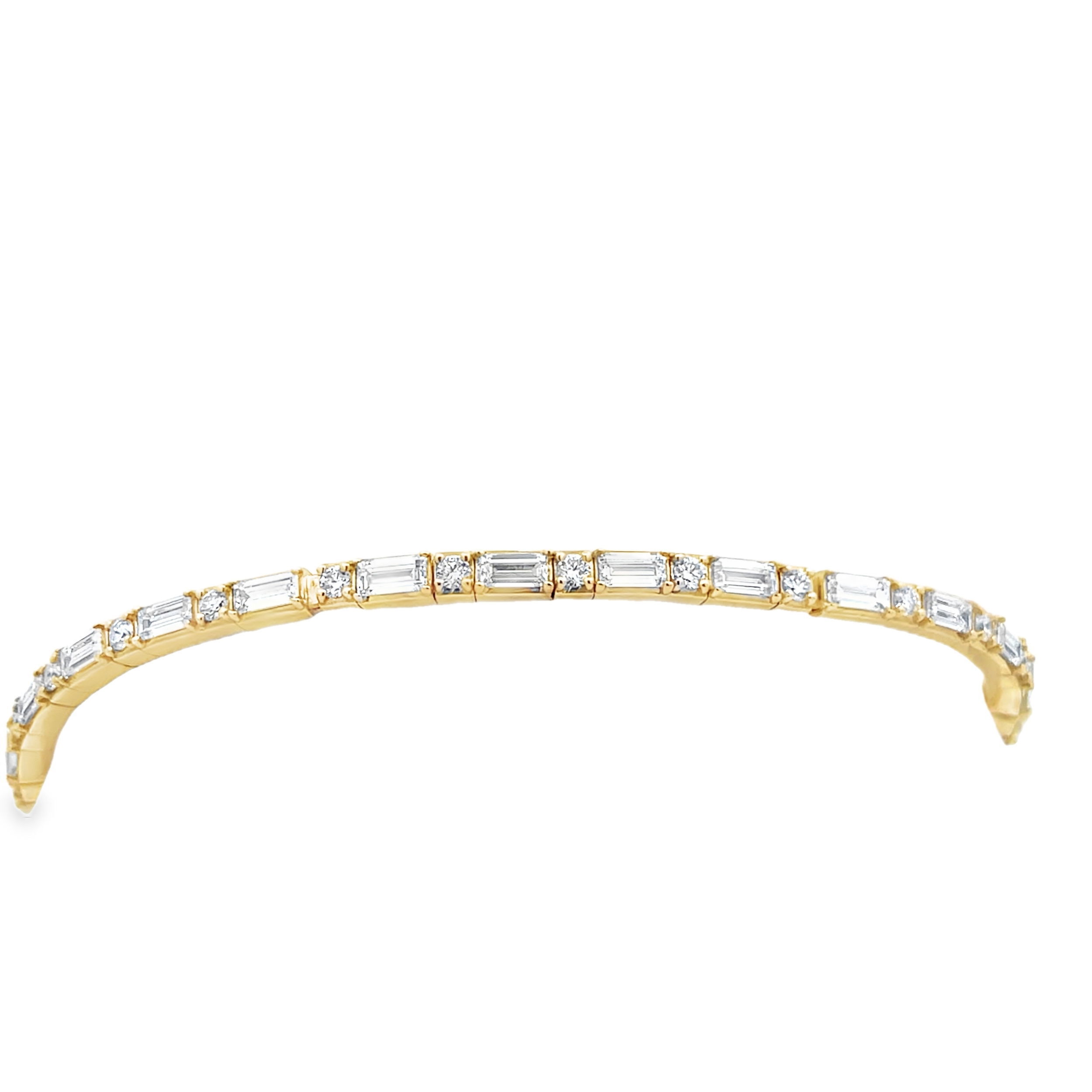 Featuring both baguette cut and round cut diamonds, this bracelet is a beautiful addition to any stack.-18k Yellow gold-Baguette diamonds, 2.86cts-Round diamonds, 0.75ctsItem# 808-2000272 Diamond Stretch Bracelet