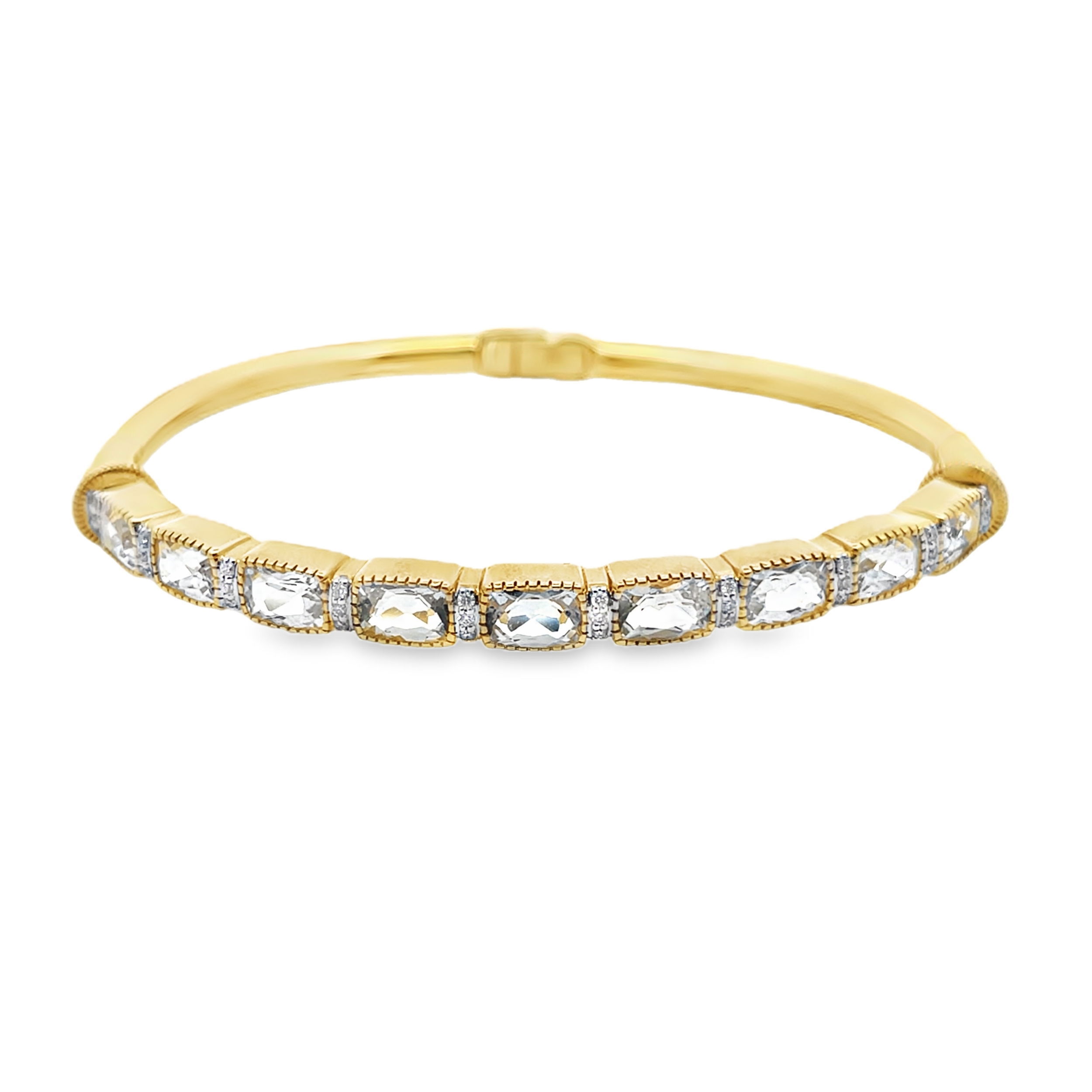 Featuring diamonds and white topaz stones, this piece is a stunning addition to any collection.-18k Yellow gold-White topaz, 5.91cts-Round diamonds, 0.15ctsItem# 808-2000273 Topaz Cushion Bracelet