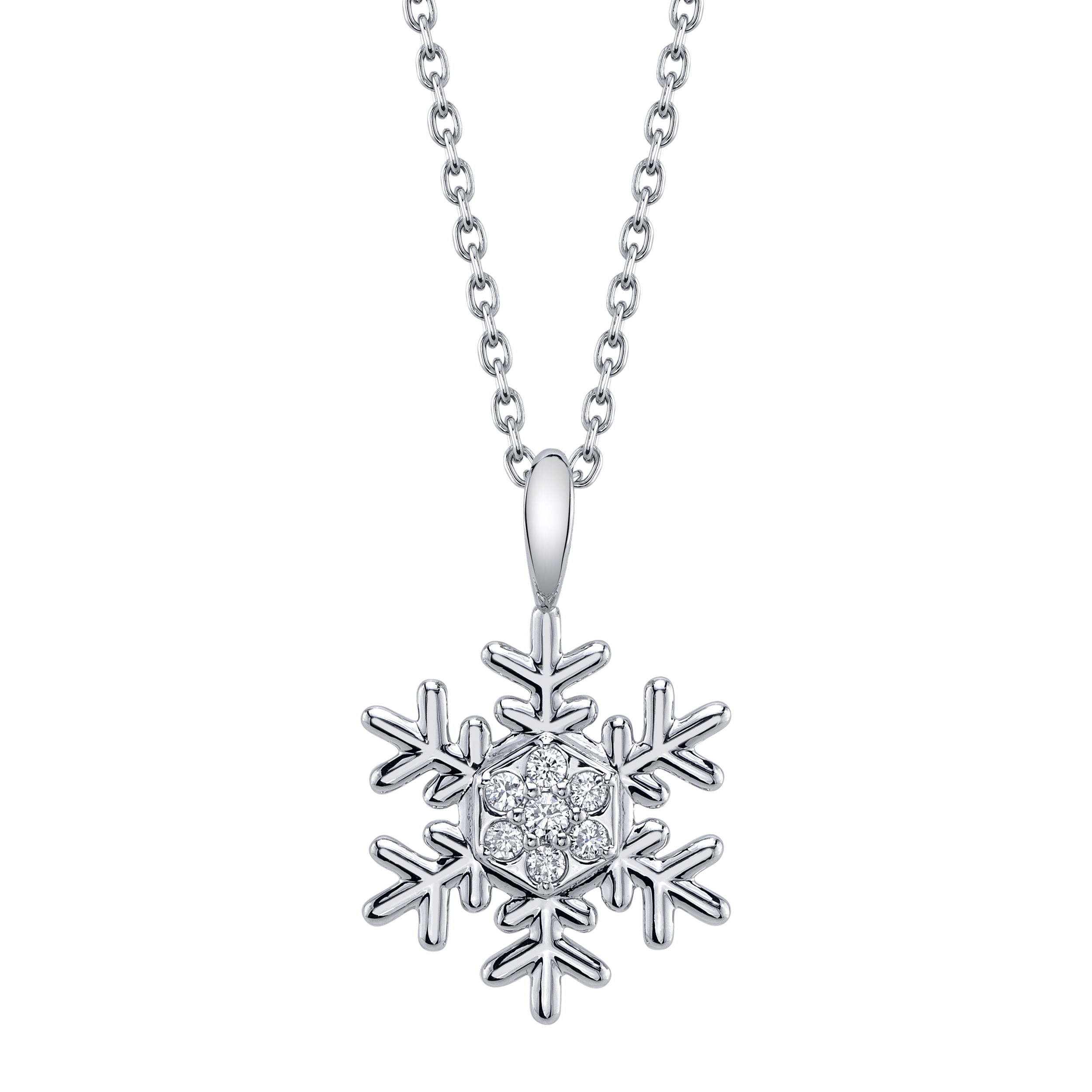 Enjoy the magic of a winter wonderland all year round with an exclusive snowflake necklace designed by Valerie Naifeh.-14k White gold-Diamonds, 0.72ctsItem# SF-ELL2482-14WD Snowflake Necklace in White Gold with Diamonds