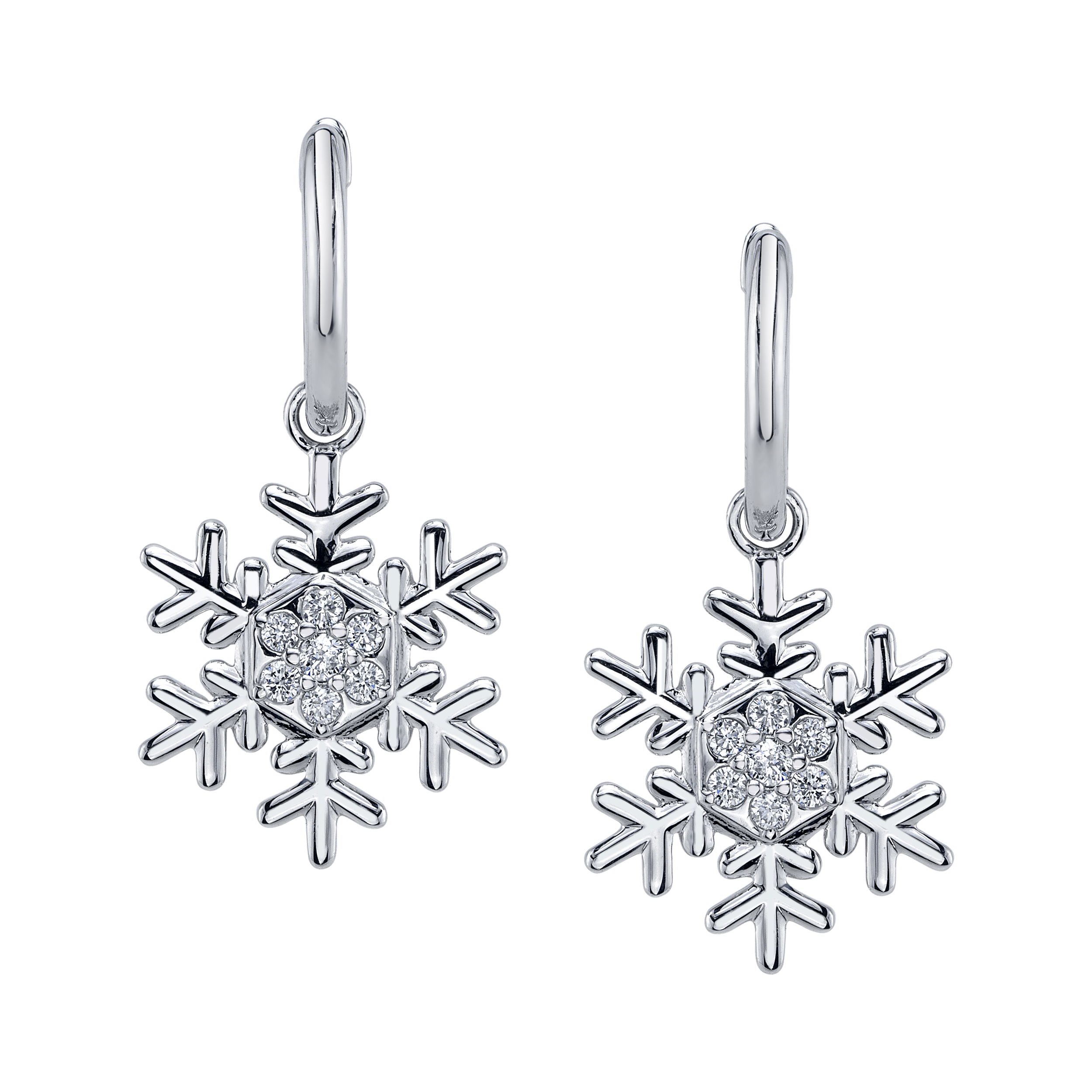 Enjoy the magic of a winter wonderland all year round with exclusive snowflake earrings designed by Valerie Naifeh.-14k White gold-Diamonds, 0.14ctsItem# SF-ELL2481-14WD Snowflake Earrings in White Gold with Diamonds
